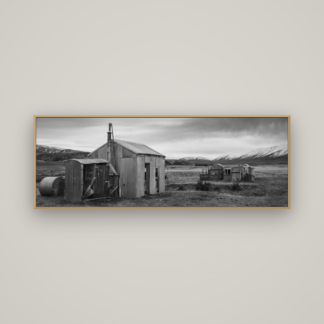 Whispers of Solitude, The Station Huts, Basel Natural Oak, 170×60 cm. New Zealand fine art wall art by Stephen Milner.