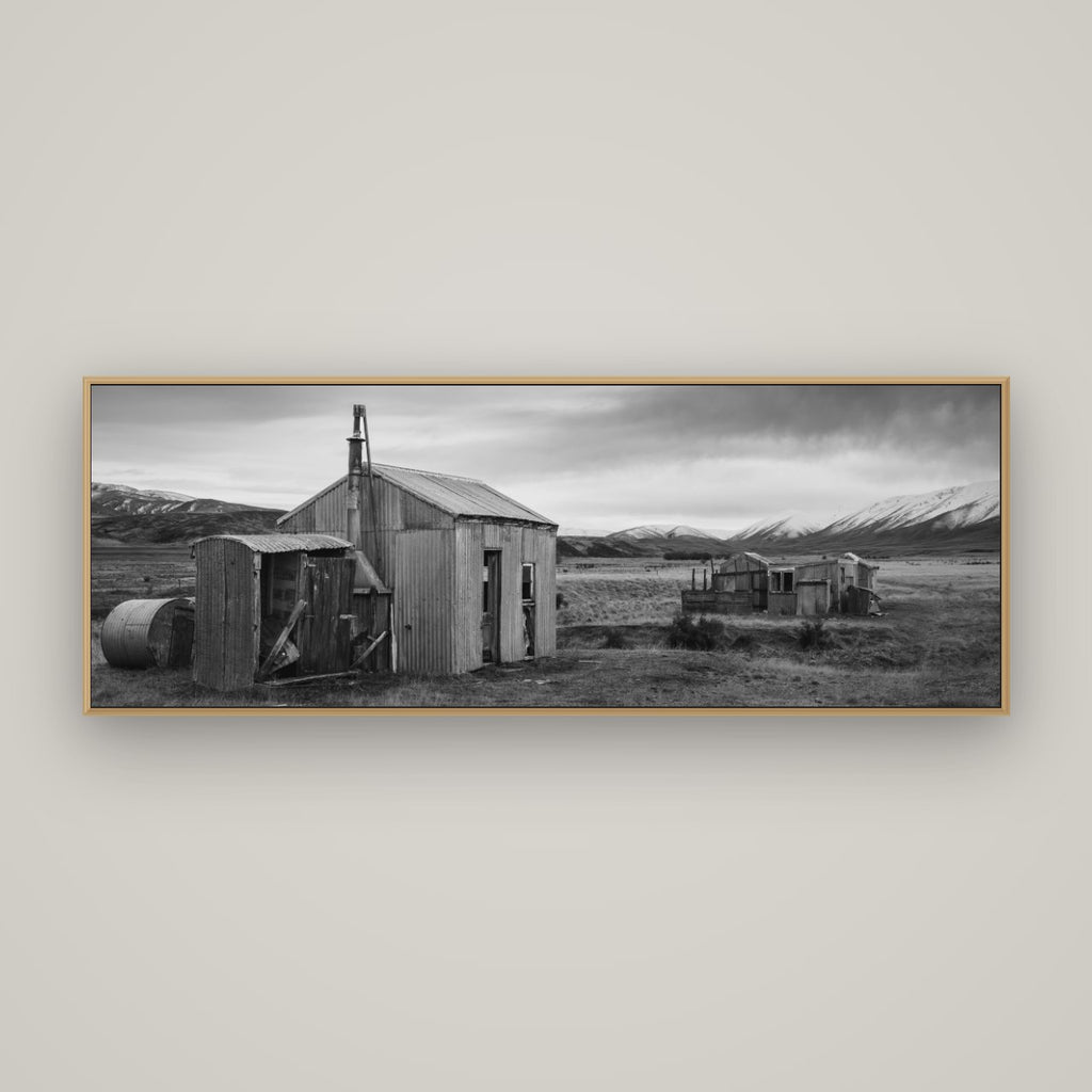 Whispers of Solitude, The Station Huts, Basel Natural Oak, 170×60 cm. New Zealand fine art wall art by Stephen Milner.