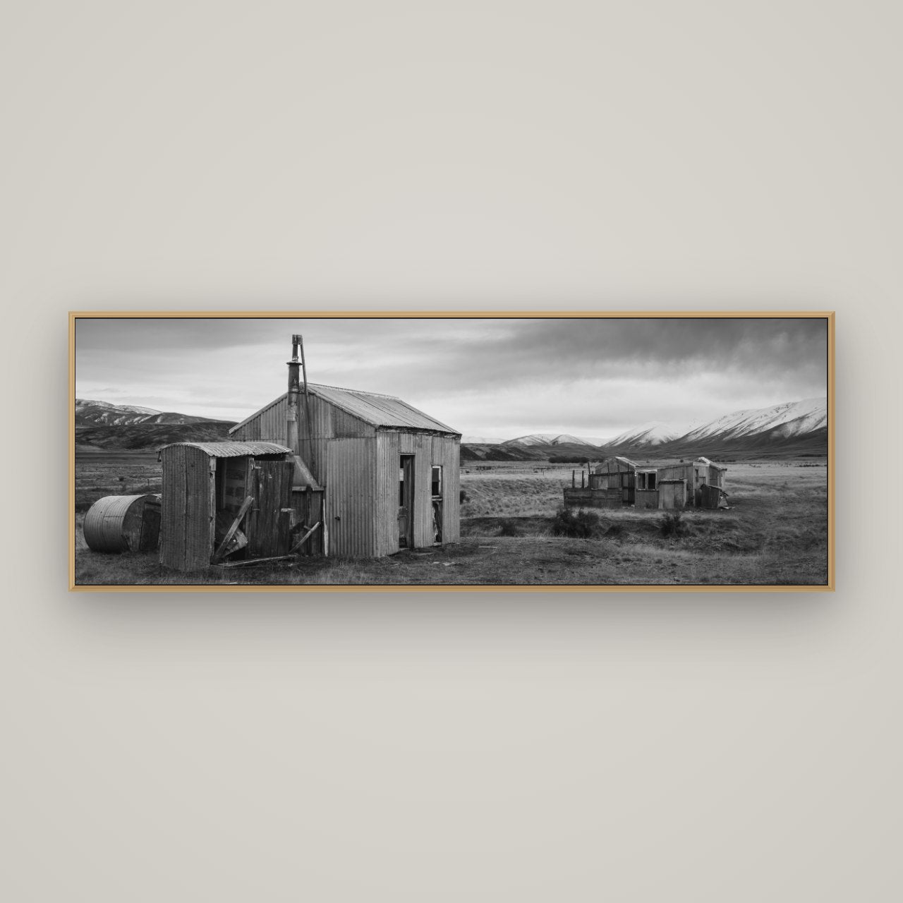 Whispers of Solitude, The Station Huts, Basel Natural Oak, 170×60 cm. New Zealand fine art wall art by Stephen Milner.