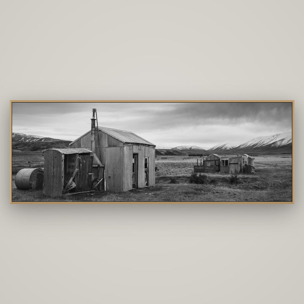 Whispers of Solitude, The Station Huts, Basel Natural Oak, 198×70 cm. New Zealand fine art wall art by Stephen Milner.
