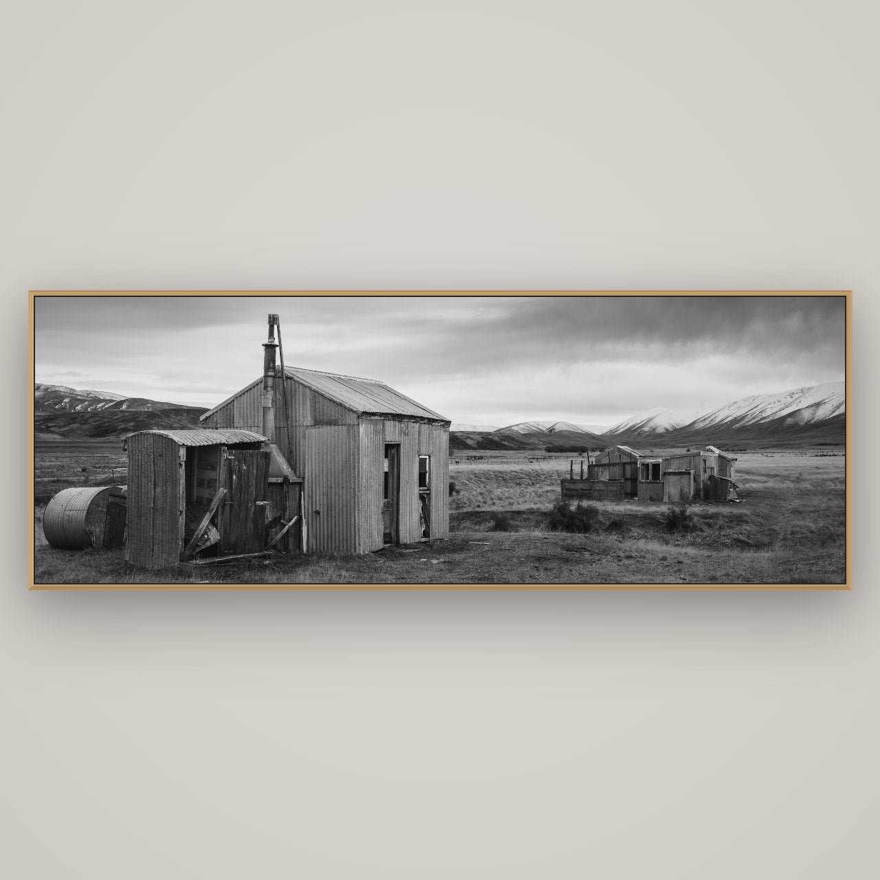 Whispers of Solitude, The Station Huts, Basel Natural Oak, 198×70 cm. New Zealand fine art wall art by Stephen Milner.