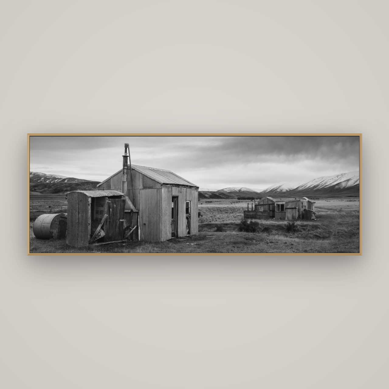 Whispers of Solitude, The Station Huts, Basel Natural Oak, 198×70 cm. New Zealand fine art wall art by Stephen Milner.