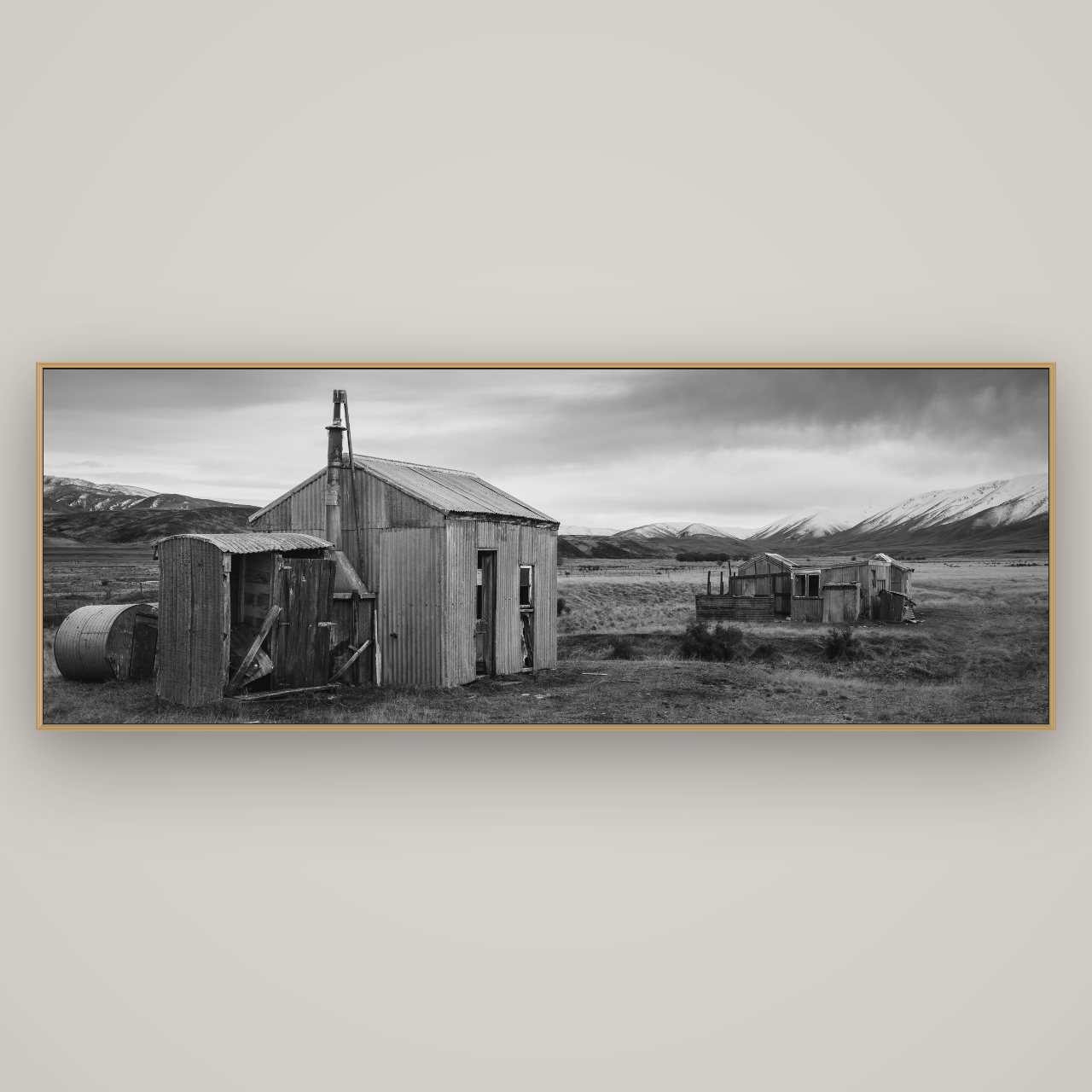 Whispers of Solitude, The Station Huts, Basel Natural Oak, 227×80 cm. New Zealand fine art wall art by Stephen Milner.