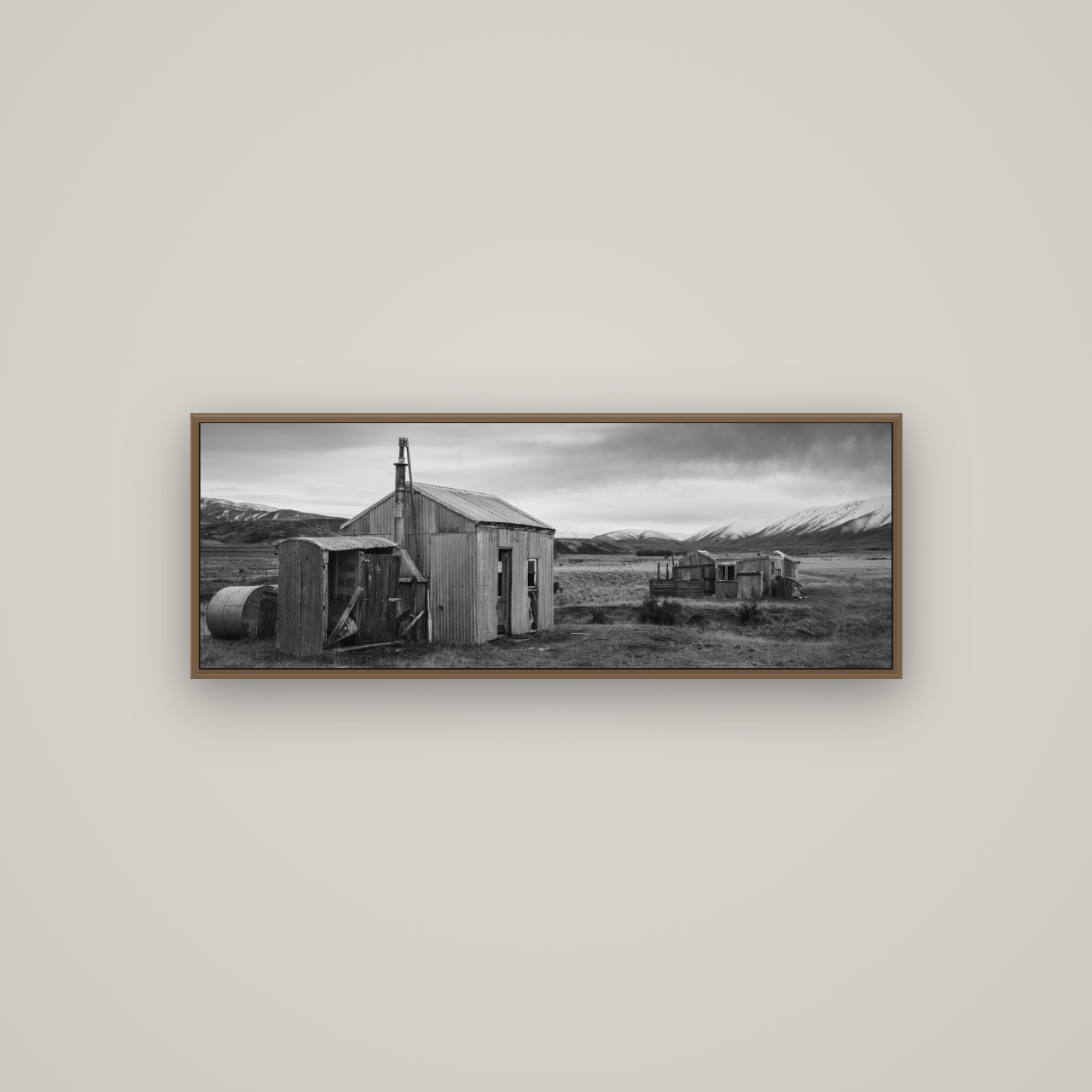 Whispers of Solitude, The Station Huts, Basel Walnut, 113×40 cm. New Zealand fine art wall art by Stephen Milner.
