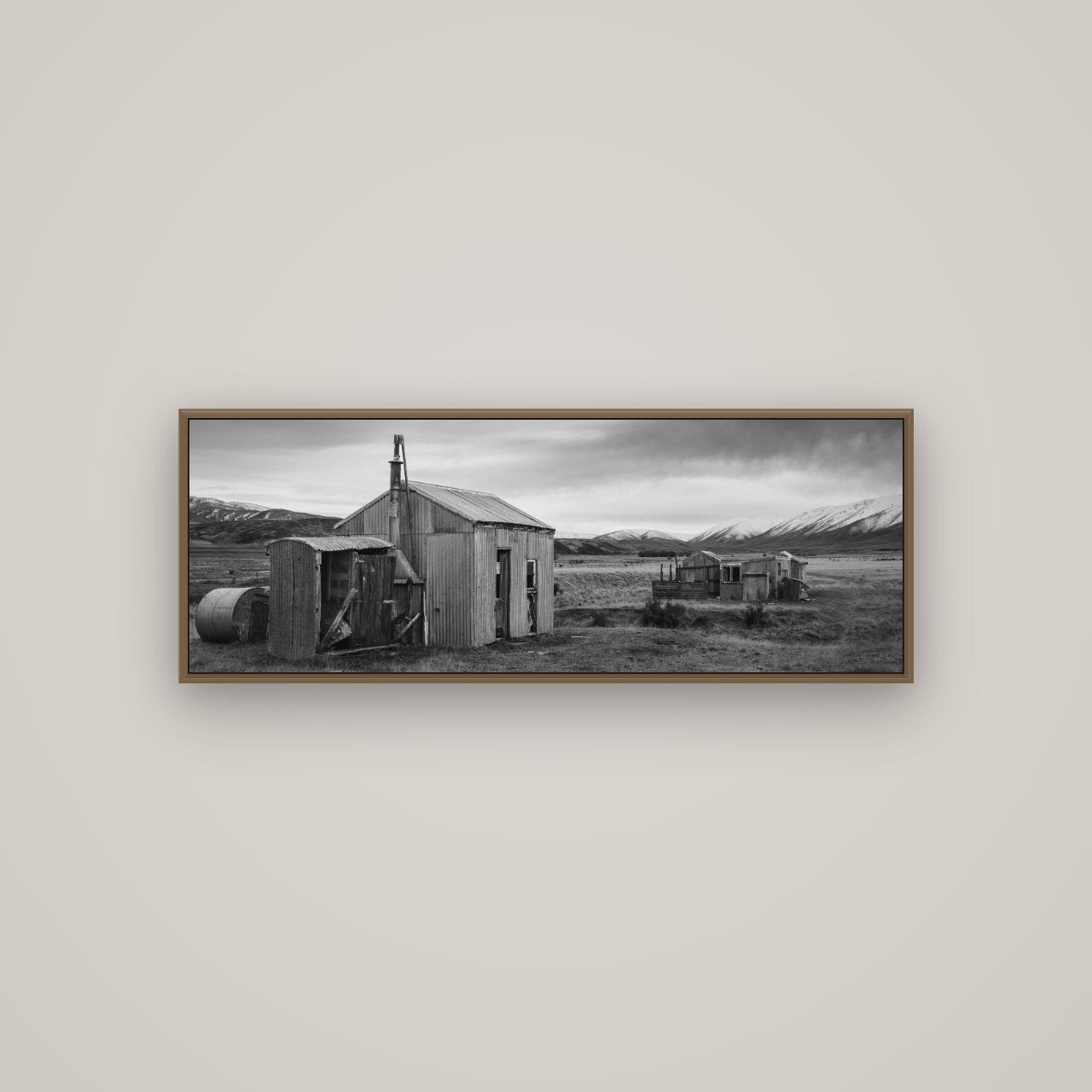 Whispers of Solitude, The Station Huts, Basel Walnut, 113×40 cm. New Zealand fine art wall art by Stephen Milner.