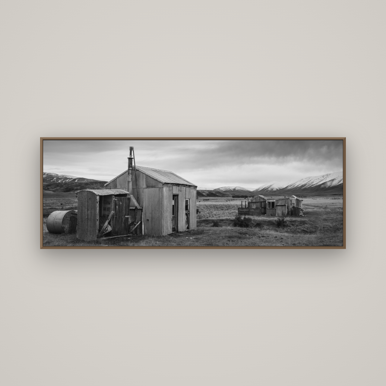 Whispers of Solitude, The Station Huts, Basel Walnut, 170×60 cm. New Zealand fine art wall art by Stephen Milner.