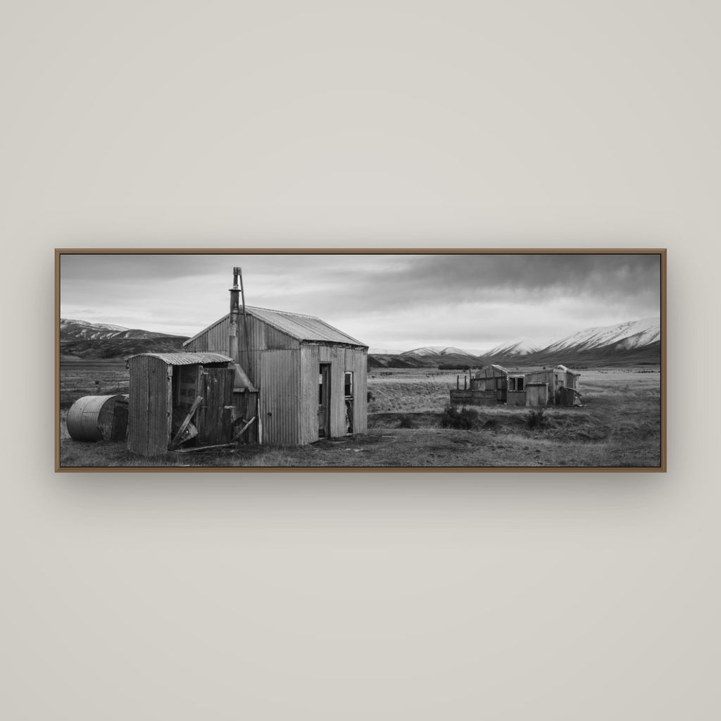 Whispers of Solitude, The Station Huts, Basel Walnut, 170×60 cm. New Zealand fine art wall art by Stephen Milner.