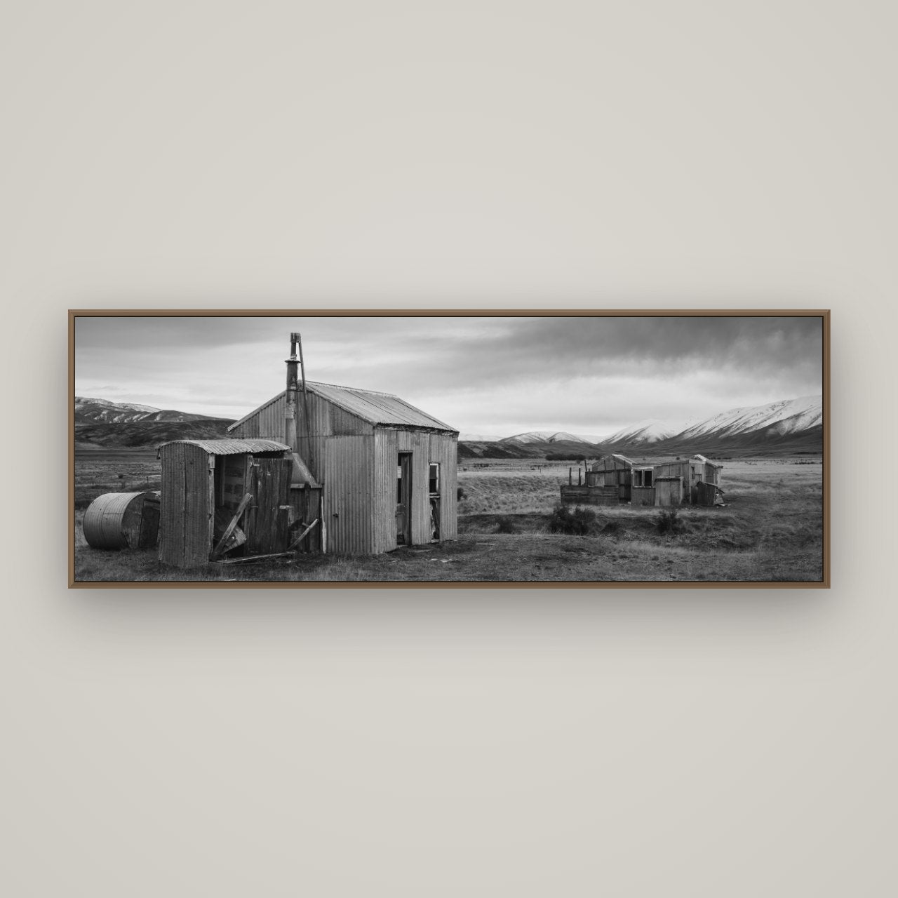 Whispers of Solitude, The Station Huts, Basel Walnut, 170×60 cm. New Zealand fine art wall art by Stephen Milner.