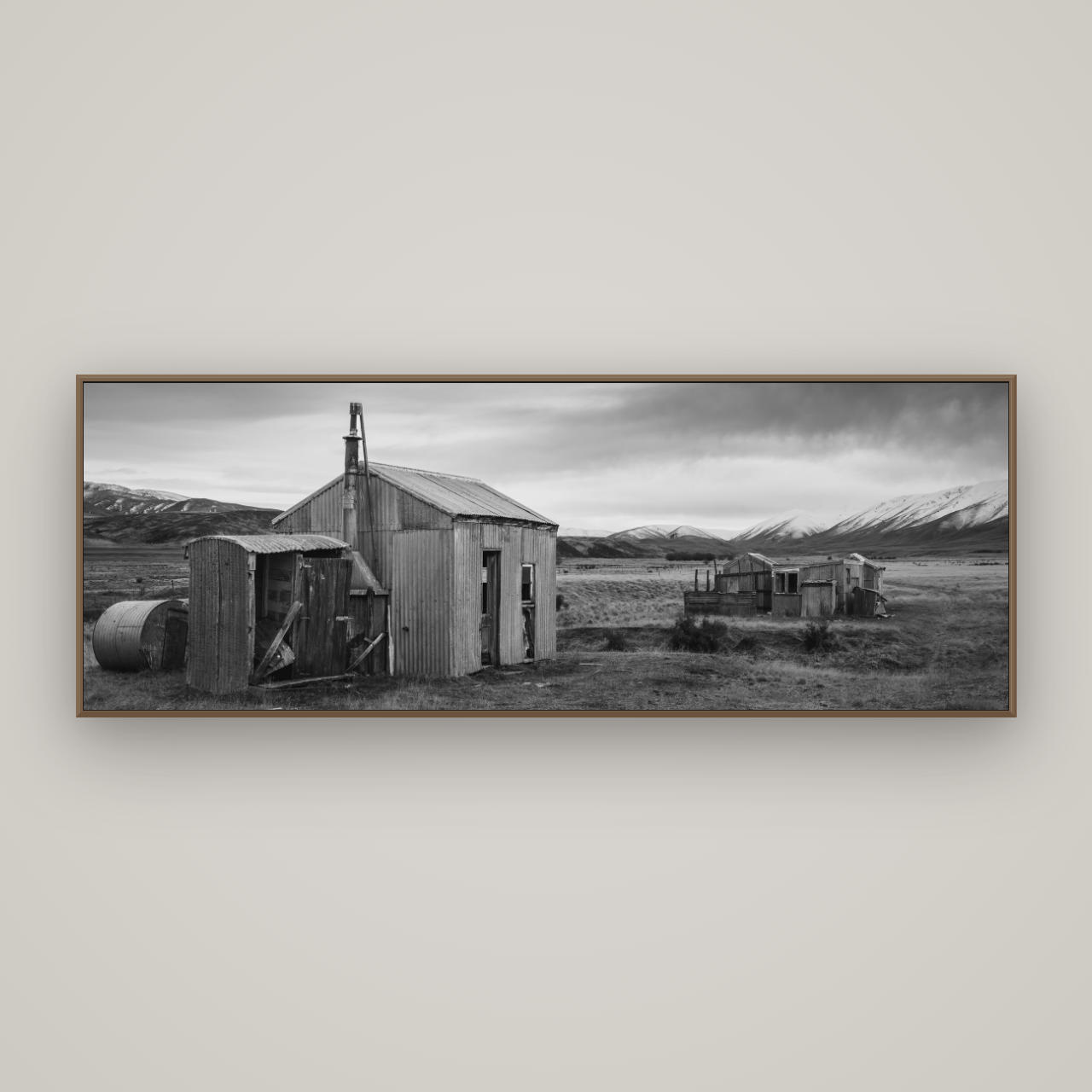 Whispers of Solitude, The Station Huts, Basel Walnut, 198×70 cm. New Zealand fine art wall art by Stephen Milner.