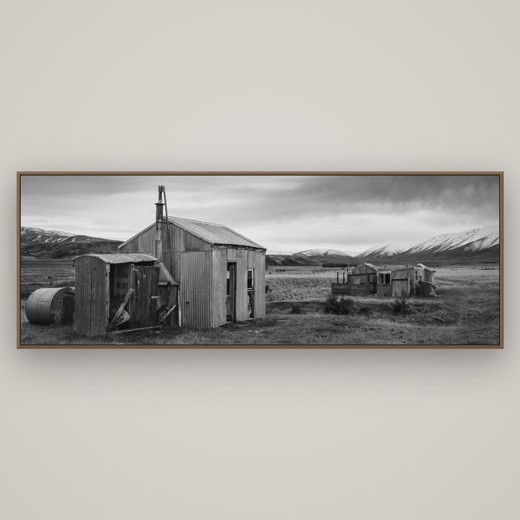 Whispers of Solitude, The Station Huts, Basel Walnut, 198×70 cm. New Zealand fine art wall art by Stephen Milner.