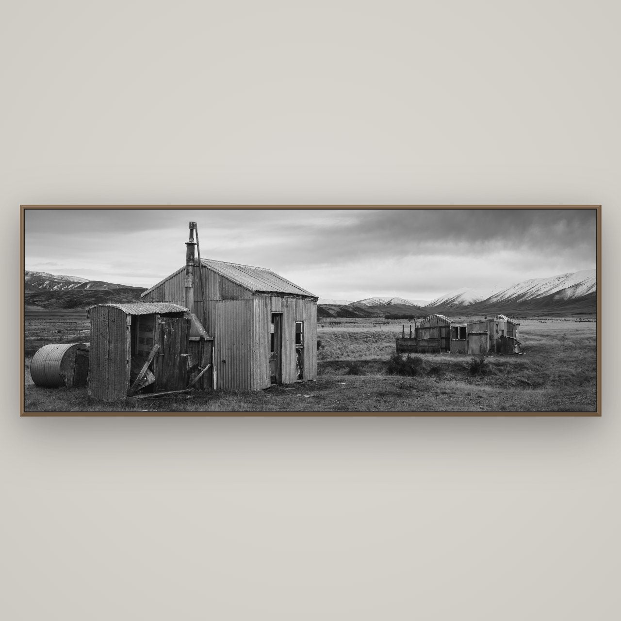 Whispers of Solitude, The Station Huts, Basel Walnut, 198×70 cm. New Zealand fine art wall art by Stephen Milner.