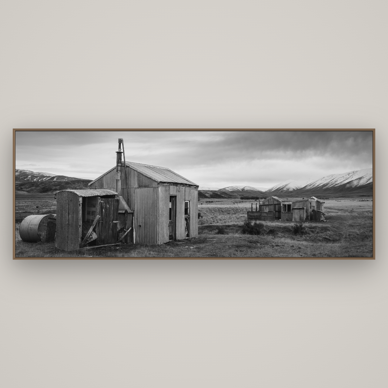Whispers of Solitude, The Station Huts, Basel Walnut, 227×80 cm. New Zealand fine art wall art by Stephen Milner.