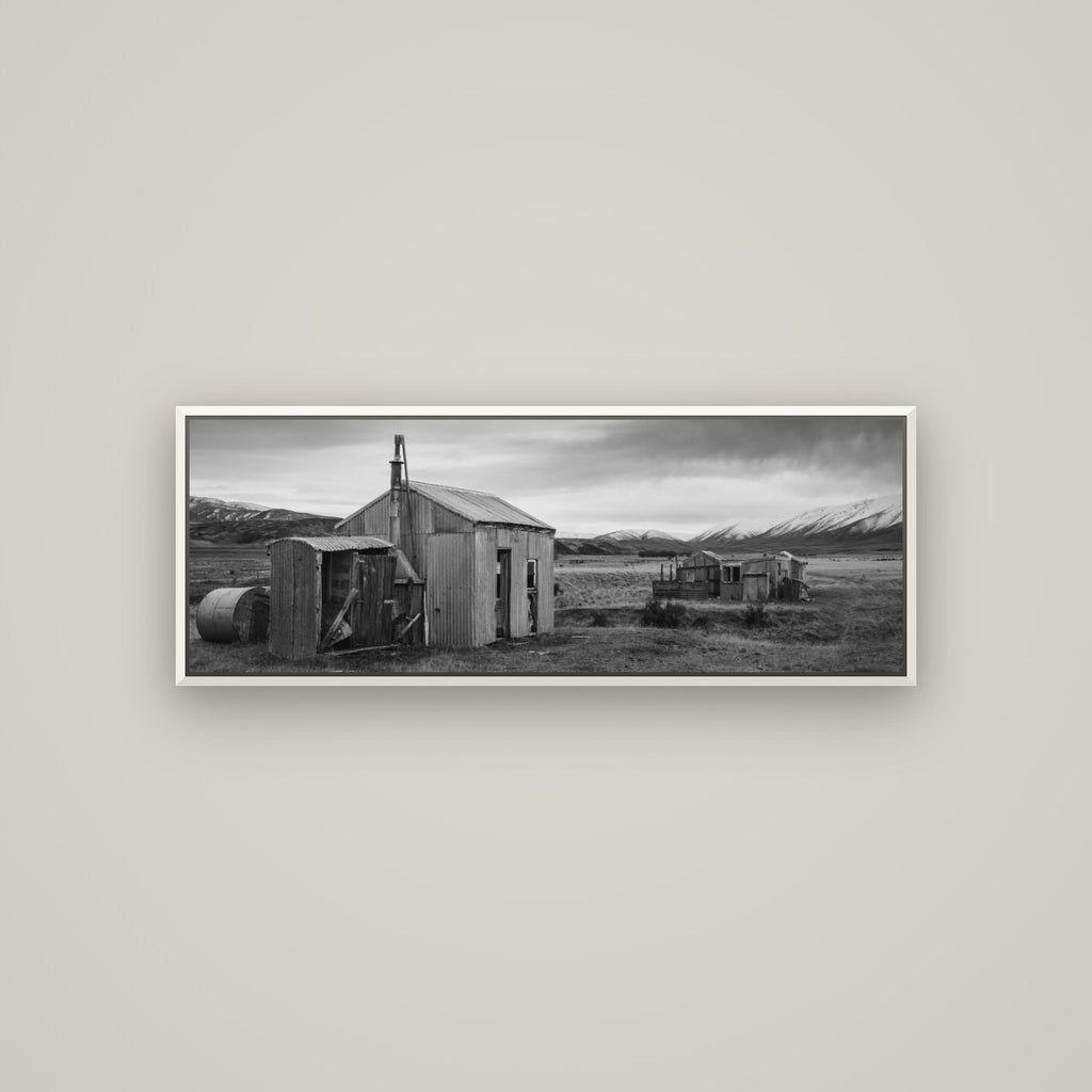 Whispers of Solitude, The Station Huts — Basel White, 113×40 cm. New Zealand fine art wall art by Stephen Milner.