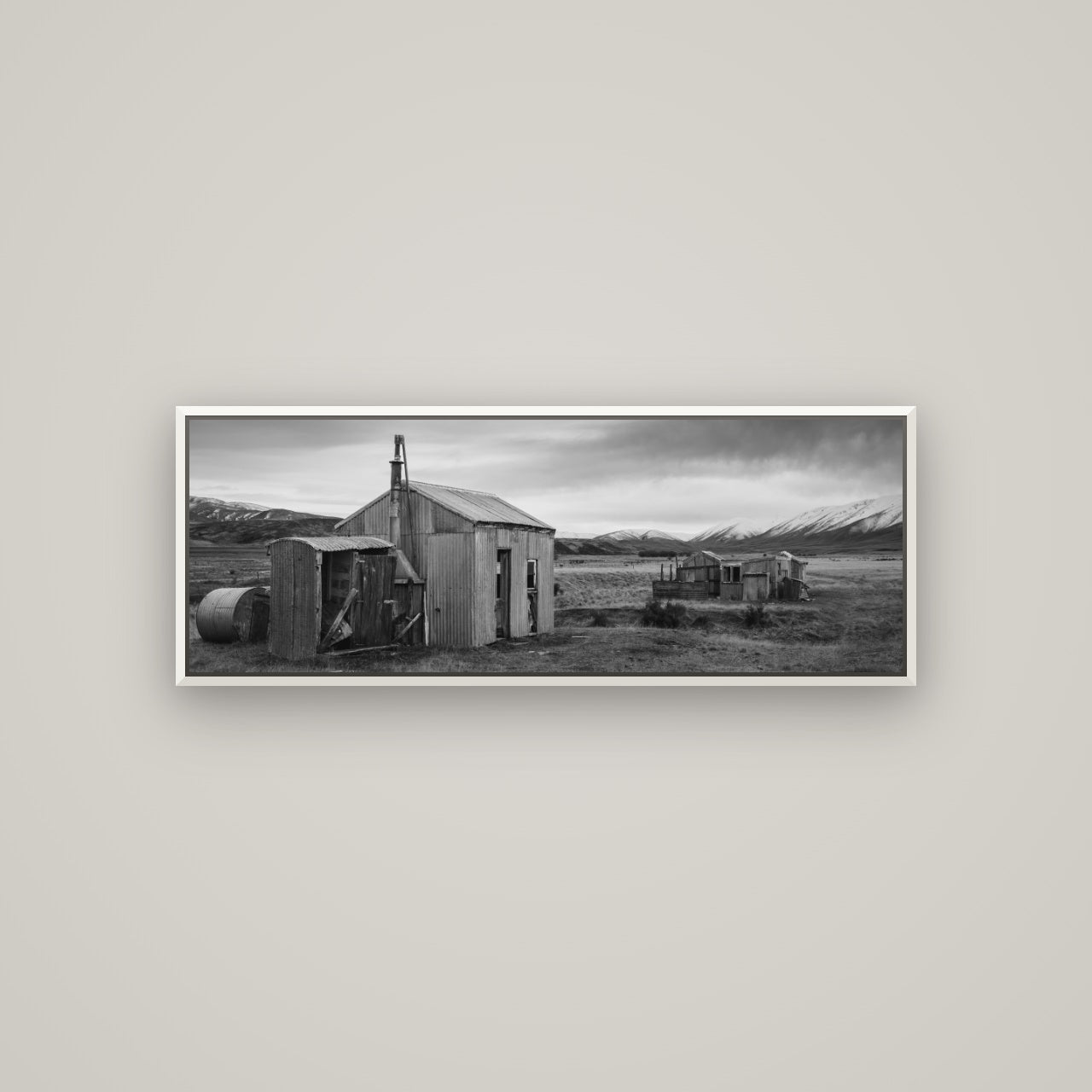Whispers of Solitude, The Station Huts — Basel White, 113×40 cm. New Zealand fine art wall art by Stephen Milner.