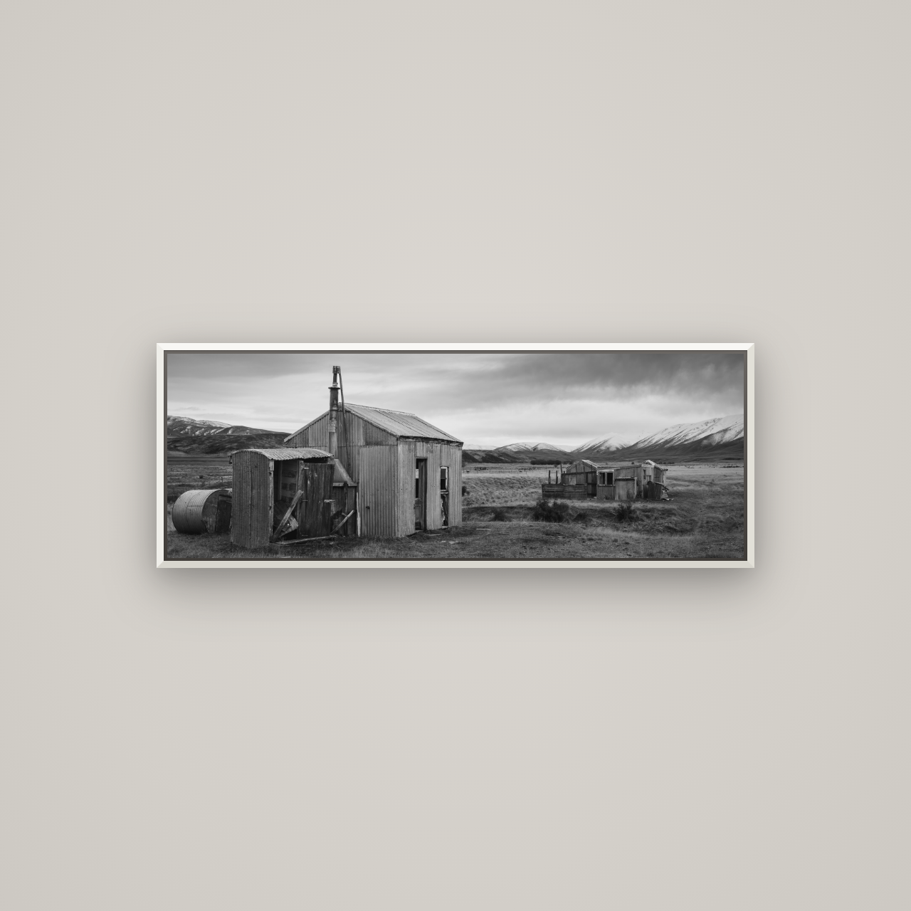 Whispers of Solitude, The Station Huts — Basel White, 113×40 cm. New Zealand fine art wall art by Stephen Milner.