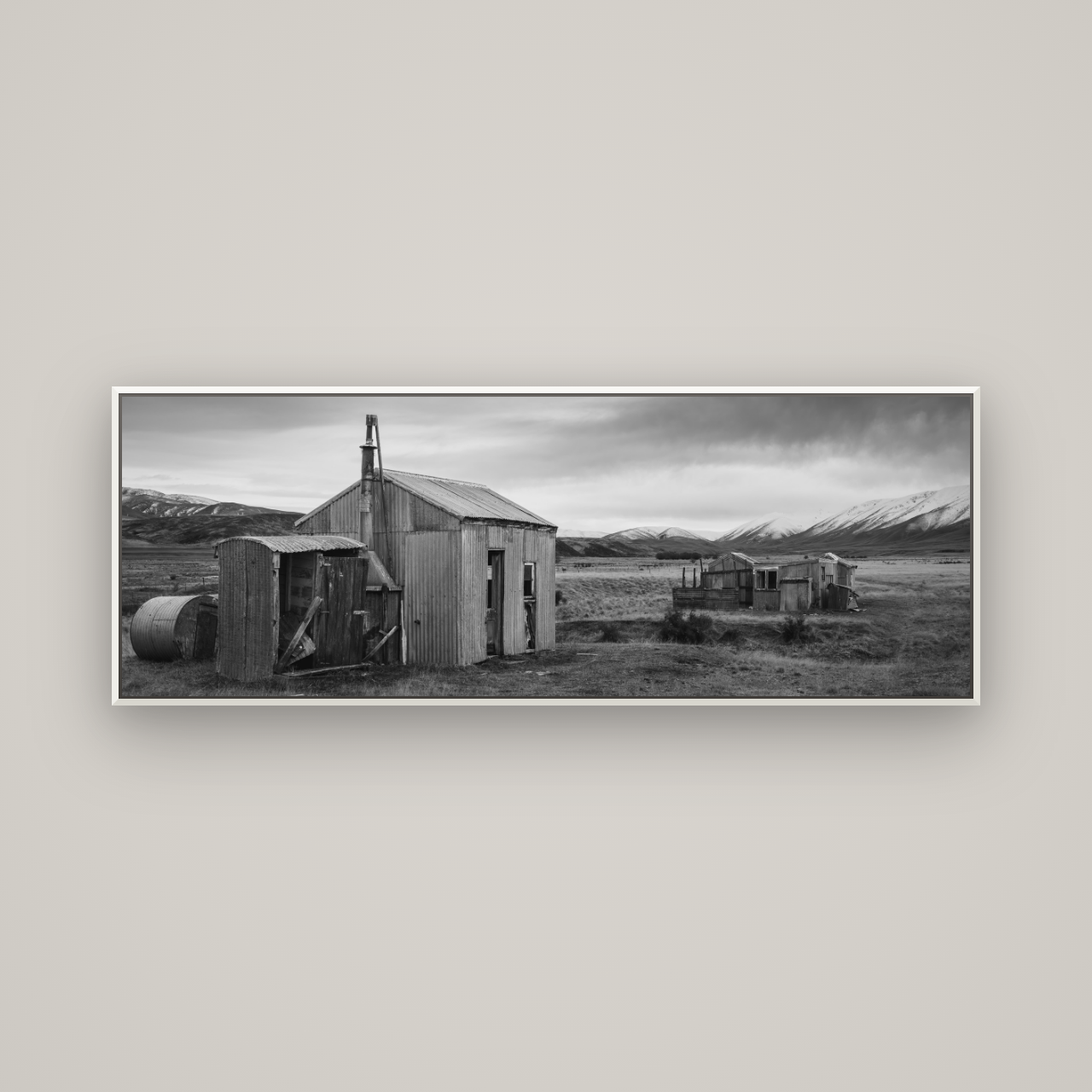 Whispers of Solitude, The Station Huts — Basel White, 170×60 cm. New Zealand fine art wall art by Stephen Milner.