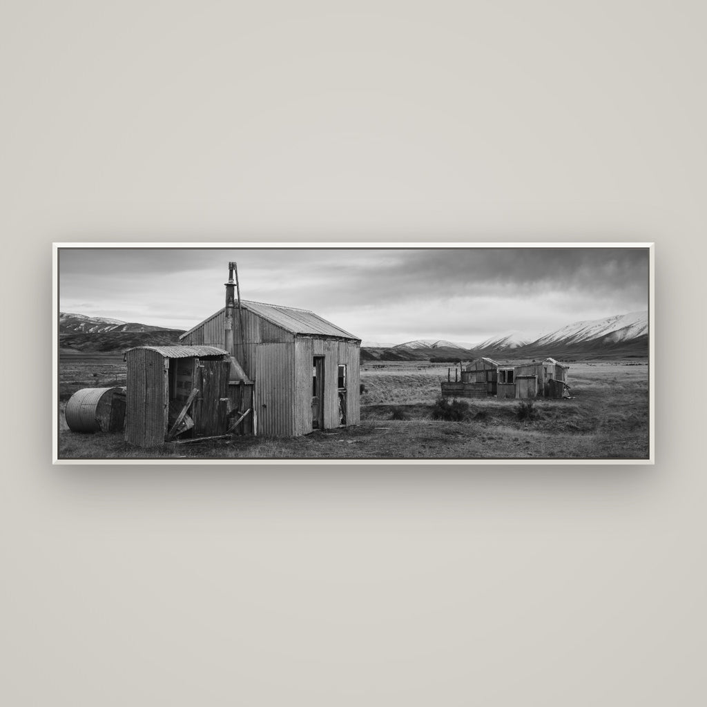 Whispers of Solitude, The Station Huts — Basel White, 170×60 cm. New Zealand fine art wall art by Stephen Milner.