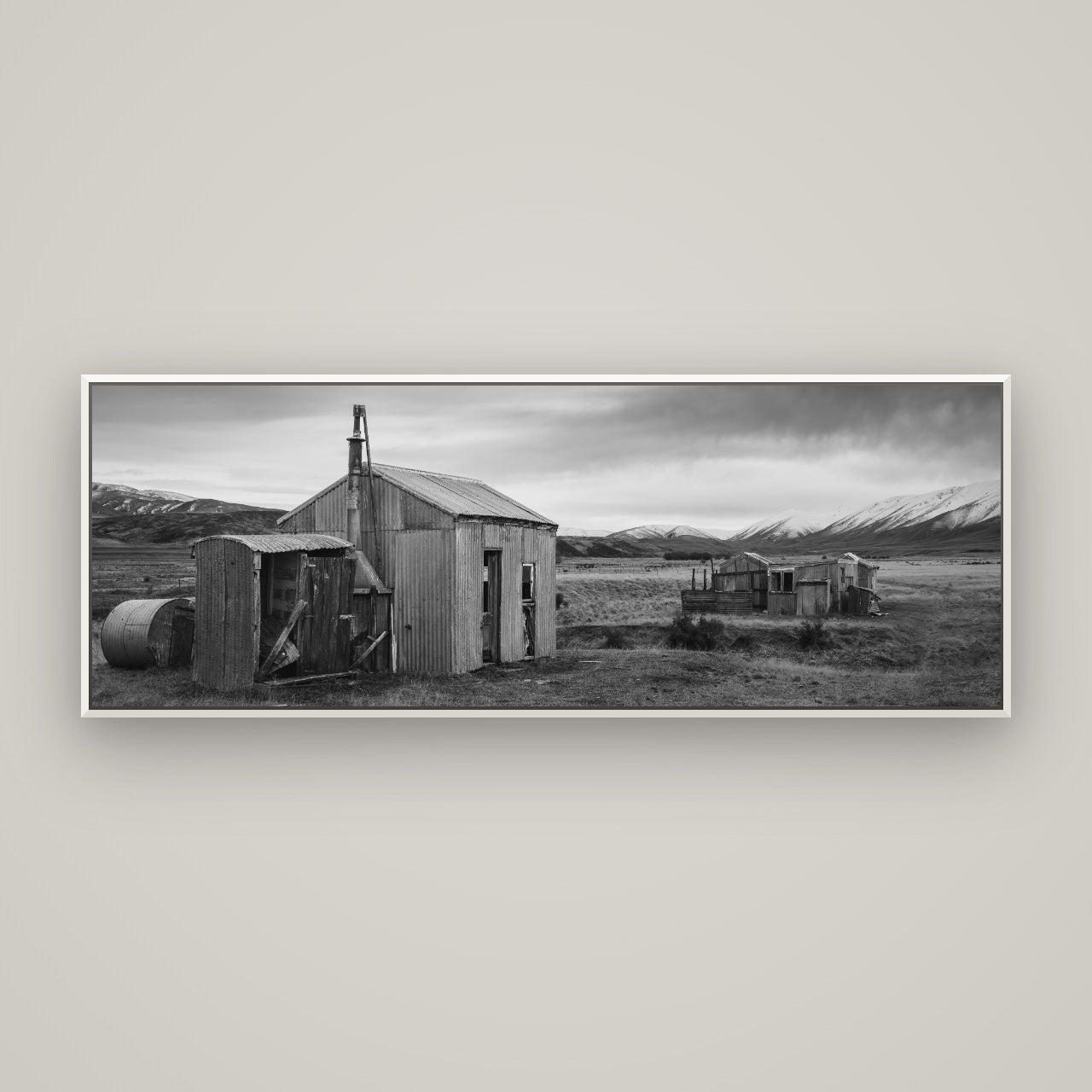 Whispers of Solitude, The Station Huts — Basel White, 170×60 cm. New Zealand fine art wall art by Stephen Milner.