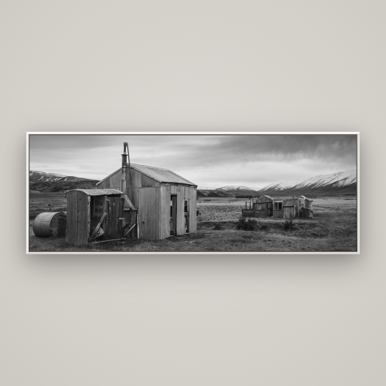 Whispers of Solitude, The Station Huts — Basel White, 198×70 cm. New Zealand fine art wall art by Stephen Milner.