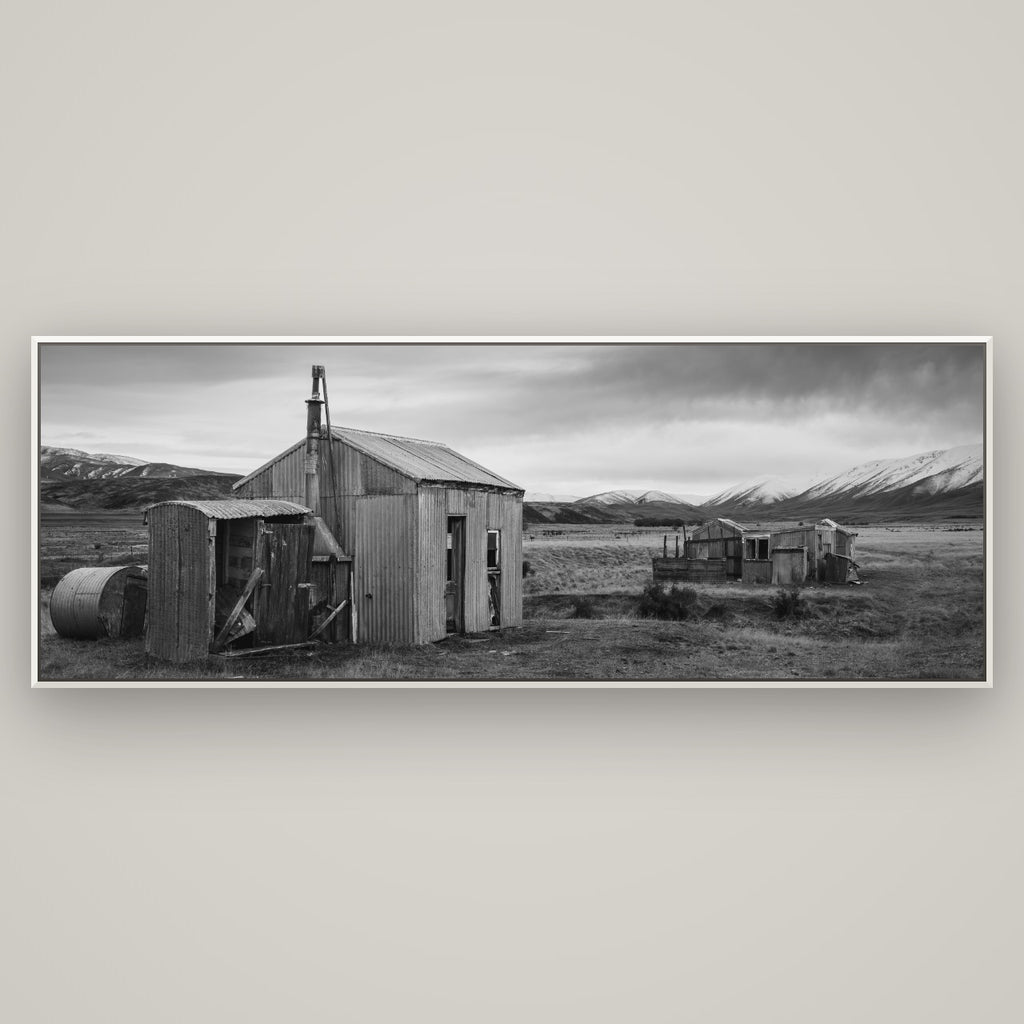 Whispers of Solitude, The Station Huts — Basel White, 198×70 cm. New Zealand fine art wall art by Stephen Milner.
