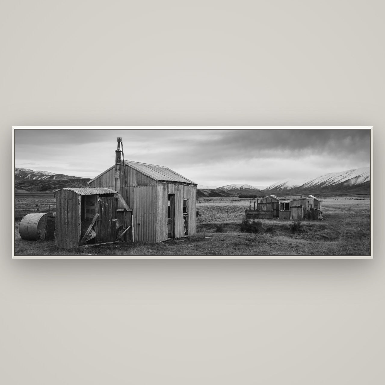 Whispers of Solitude, The Station Huts — Basel White, 198×70 cm. New Zealand fine art wall art by Stephen Milner.