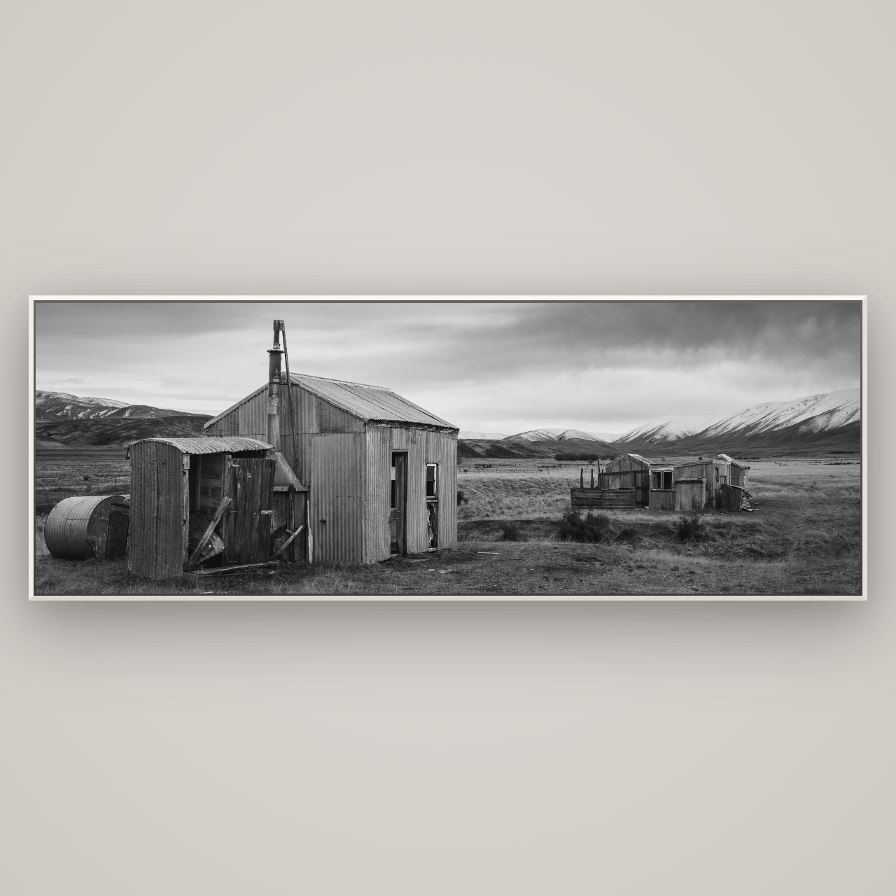 Whispers of Solitude, The Station Huts — Basel White, 227×80 cm. New Zealand fine art wall art by Stephen Milner.