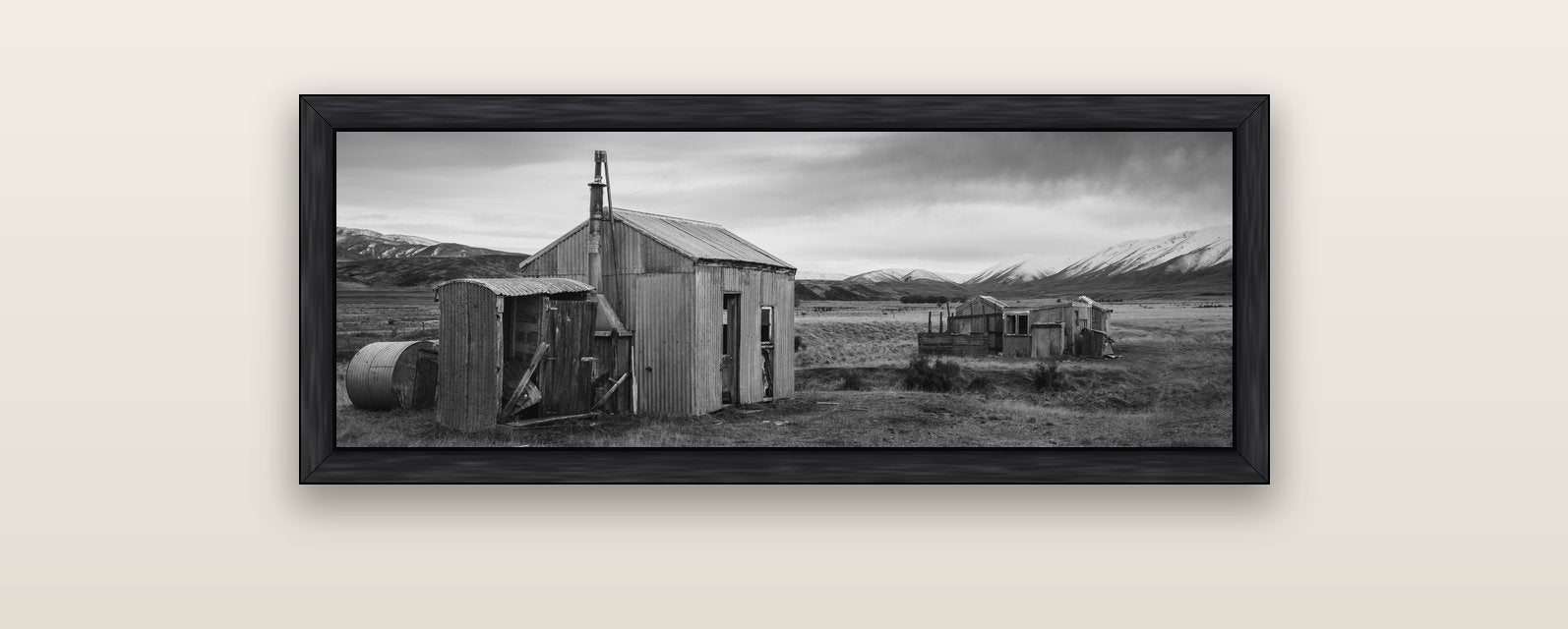 Whispers of Solitude, The Station Huts — black float frame canvas, 102 × 36 cm. New Zealand fine art landscape wall art by Stephen Milner.