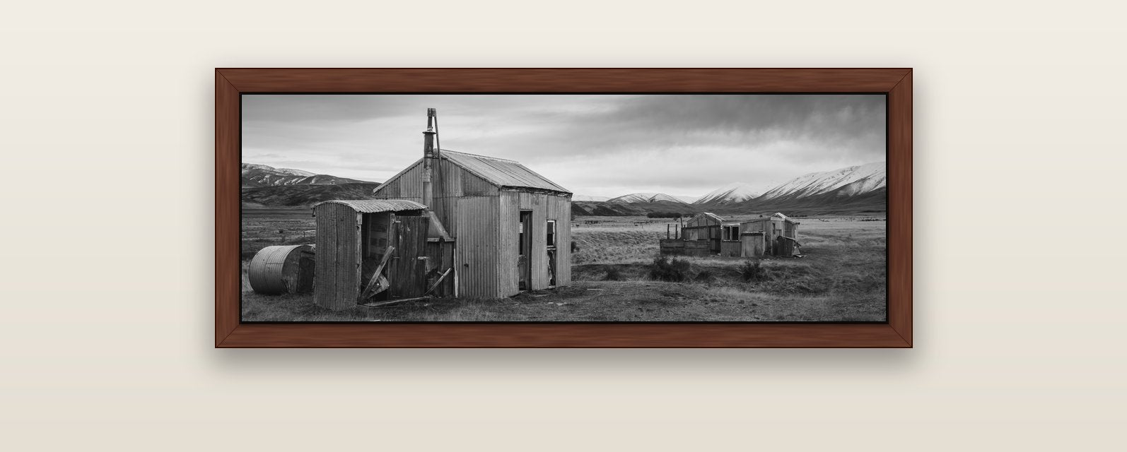 Whispers of Solitude, The Station Huts — brown float frame canvas, 102 × 36 cm. New Zealand fine art landscape wall art by Stephen Milner.