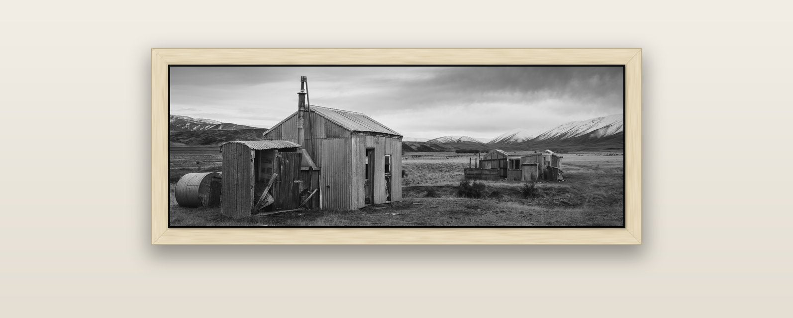 Whispers of Solitude, The Station Huts — natural float frame canvas, 102 × 36 cm. New Zealand fine art landscape wall art by Stephen Milner.