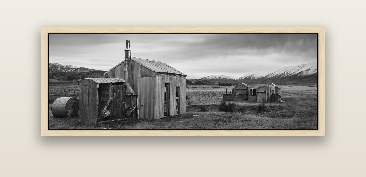 Whispers of Solitude, The Station Huts — natural float frame canvas, 152 × 56 cm. New Zealand fine art landscape wall art by Stephen Milner.