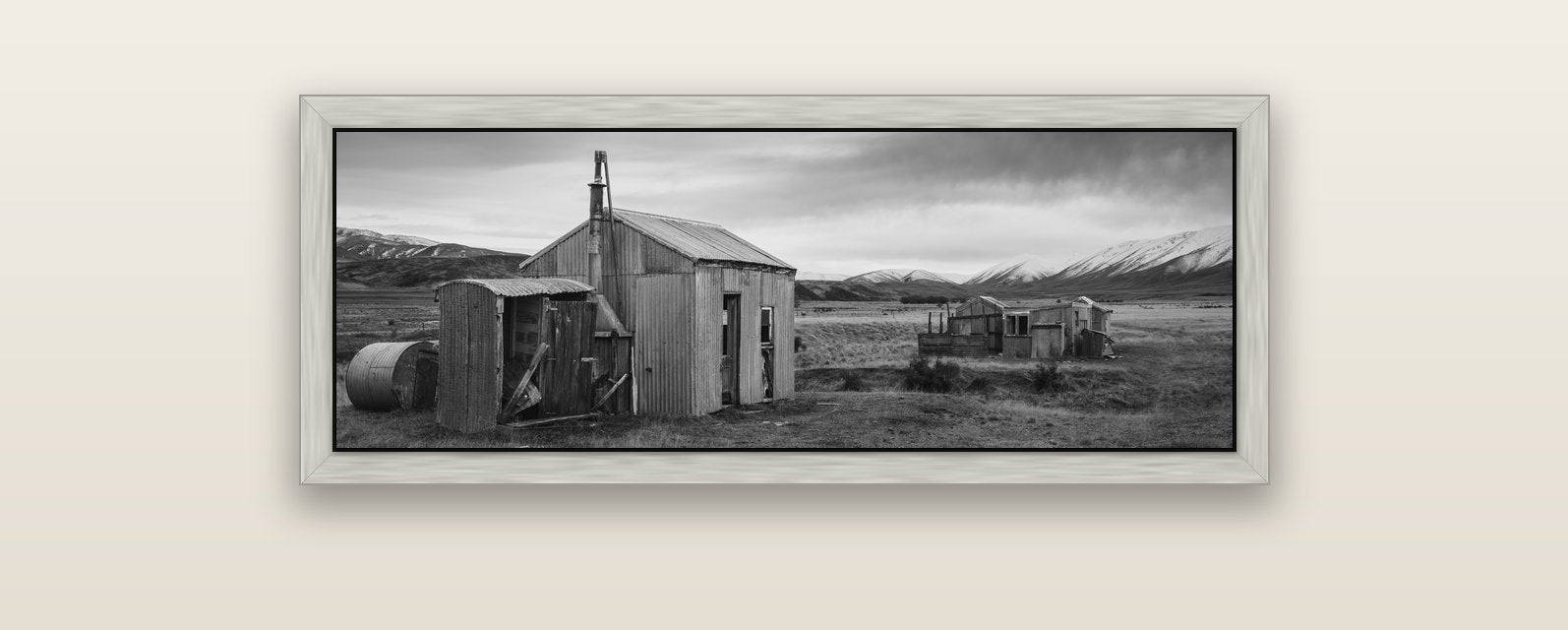 Whispers of Solitude, The Station Huts — silver float frame canvas, 102 × 36 cm. New Zealand fine art landscape wall art by Stephen Milner.