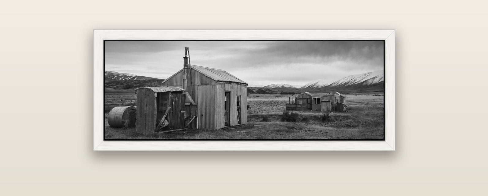 Whispers of Solitude, The Station Huts — white float frame canvas, 102 × 36 cm. New Zealand fine art landscape wall art by Stephen Milner.