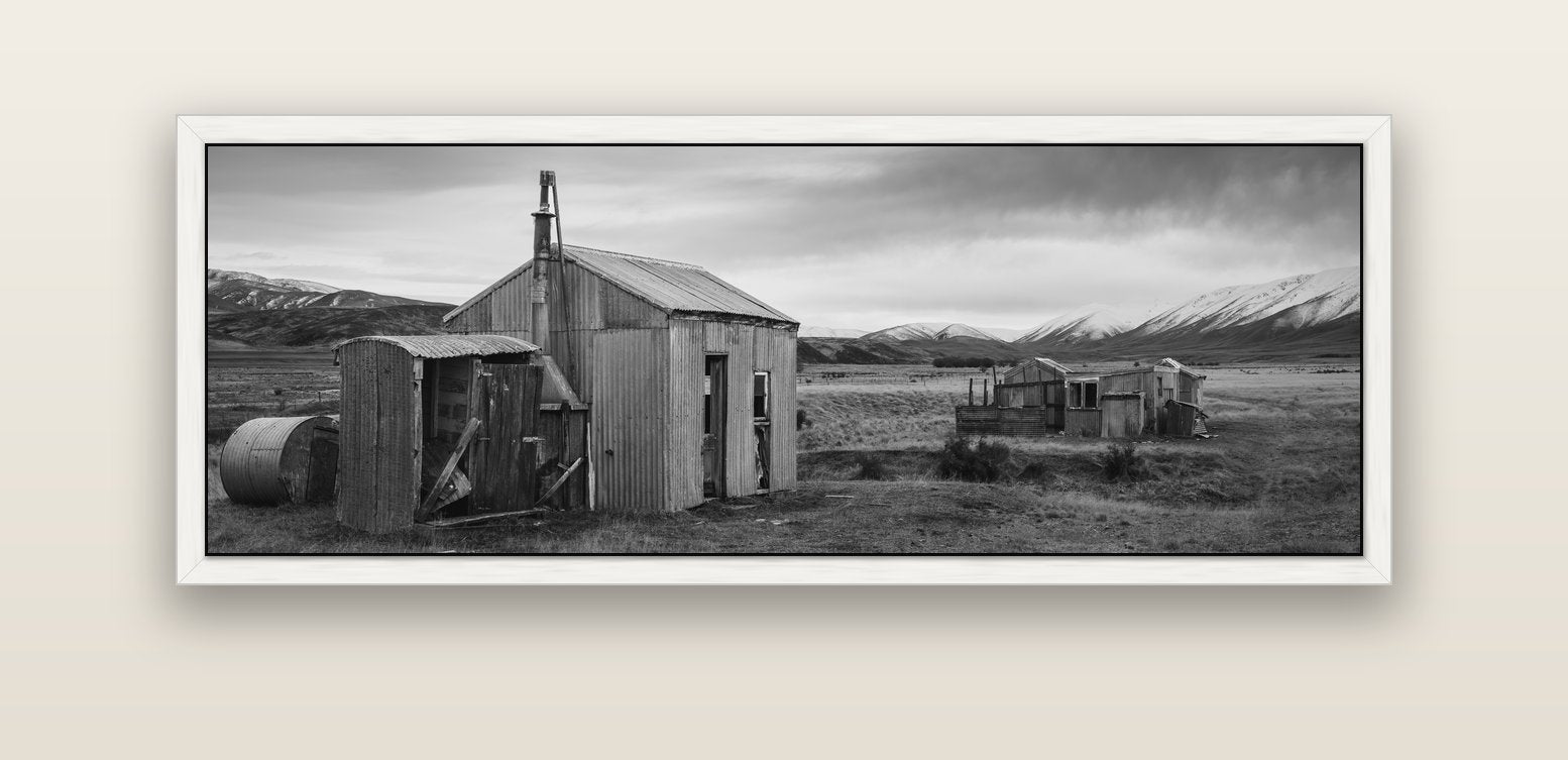 Whispers of Solitude, The Station Huts — white float frame canvas, 152 × 56 cm. New Zealand fine art landscape wall art by Stephen Milner.
