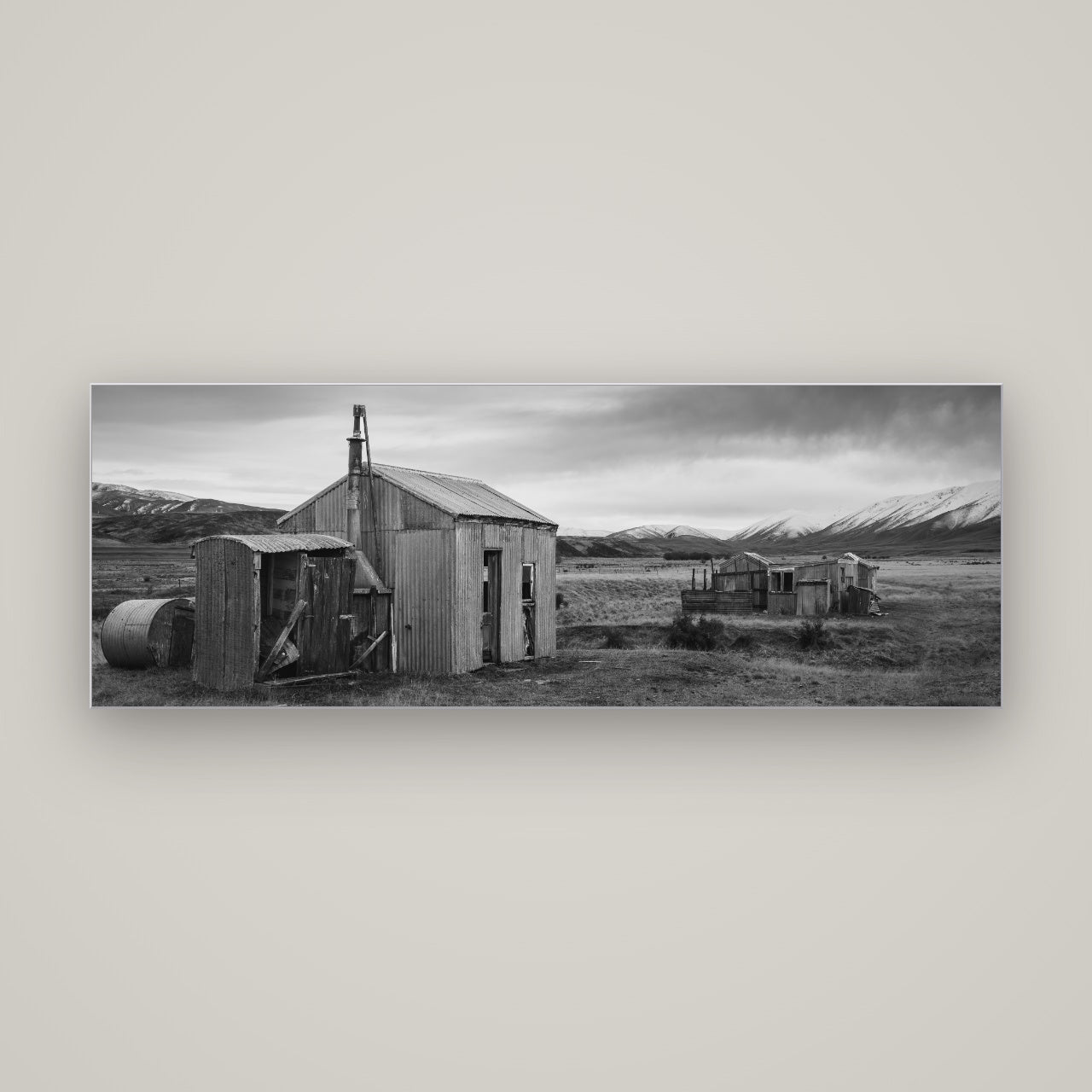 Whispers of Solitude, The Station Huts — Slimline Silver, 170×60 cm. New Zealand fine art wall art by Stephen Milner.