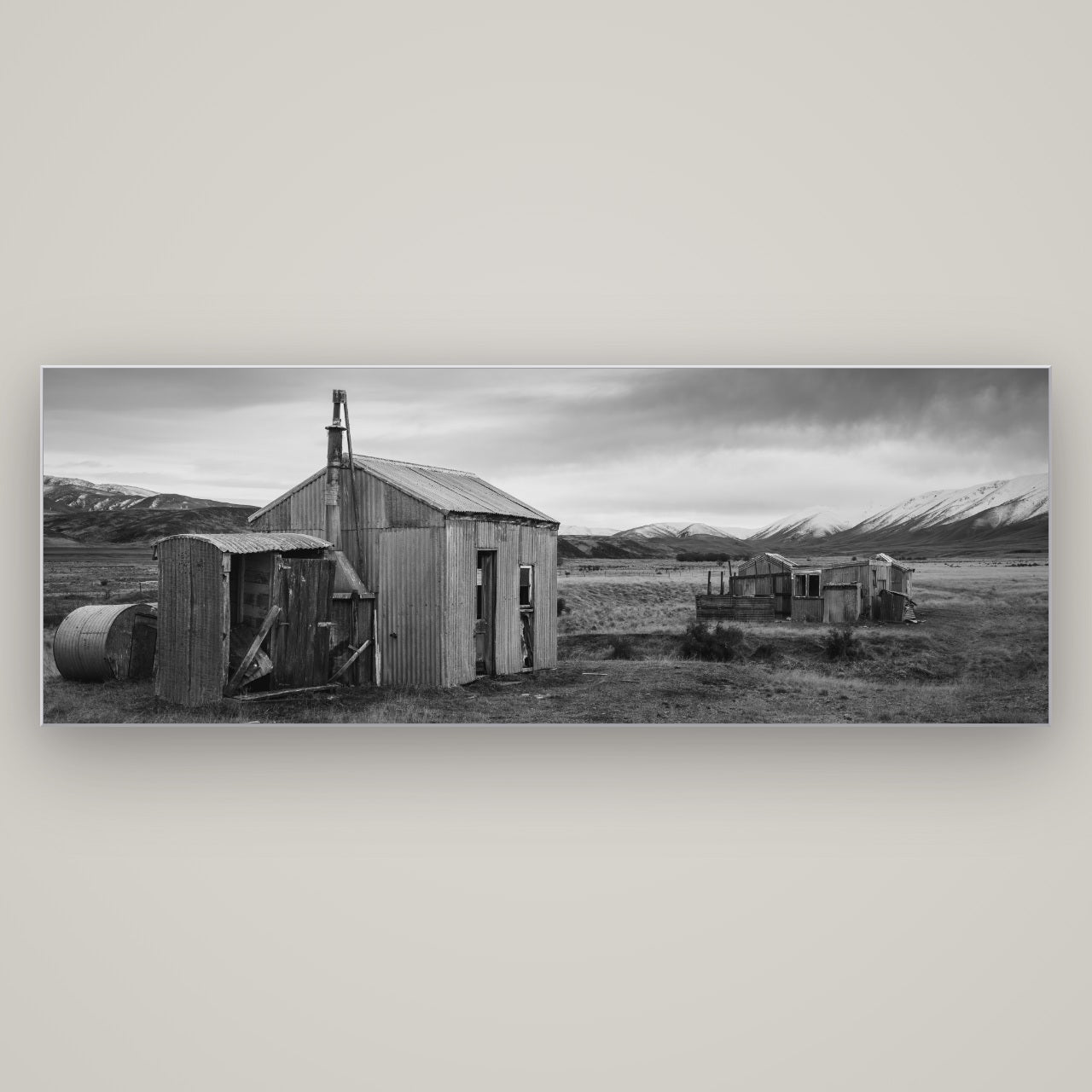 Whispers of Solitude, The Station Huts — Slimline Silver, 198×70 cm. New Zealand fine art wall art by Stephen Milner.