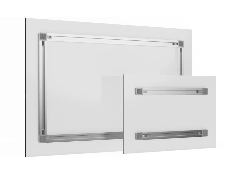 Frameless acrylic panel rear showing the aluminium hanging rails, black and white