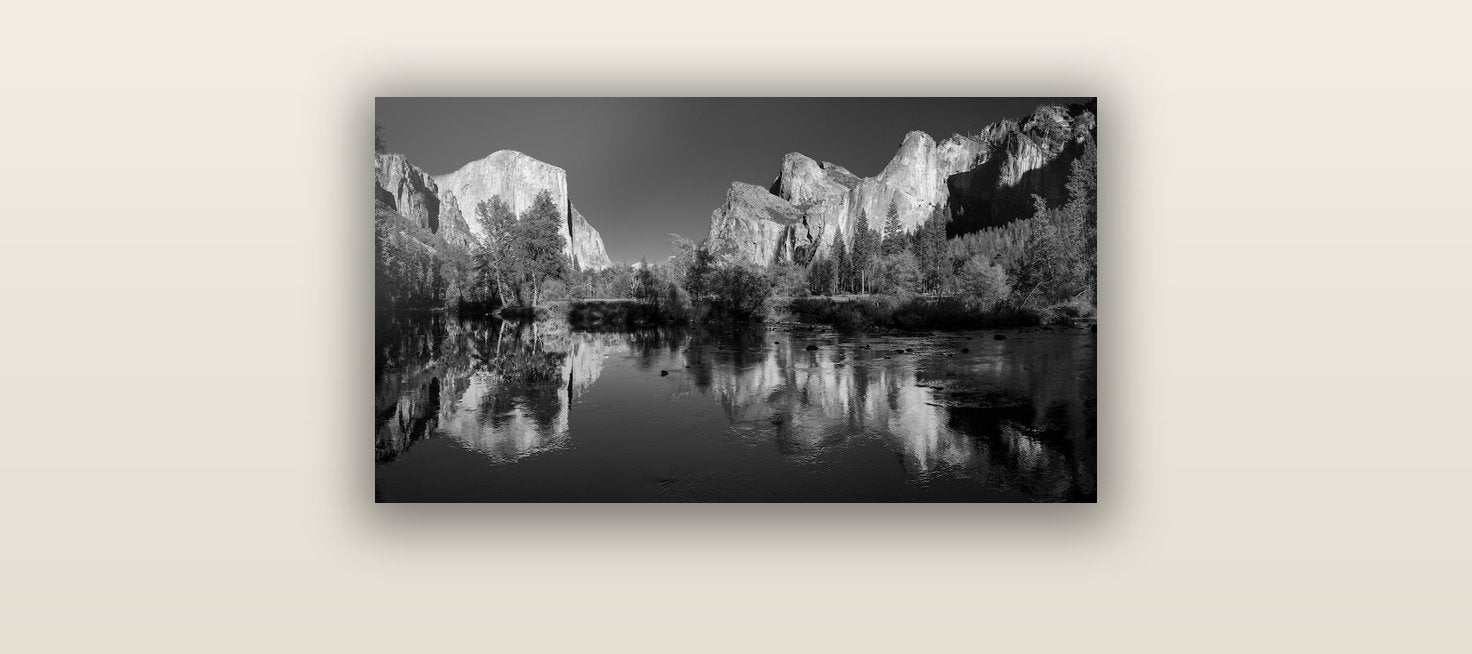 Yosemite Calm Reflection, Valley View — acrylic glass print, 61 × 30 cm. New Zealand fine art landscape wall art by Stephen Milner.