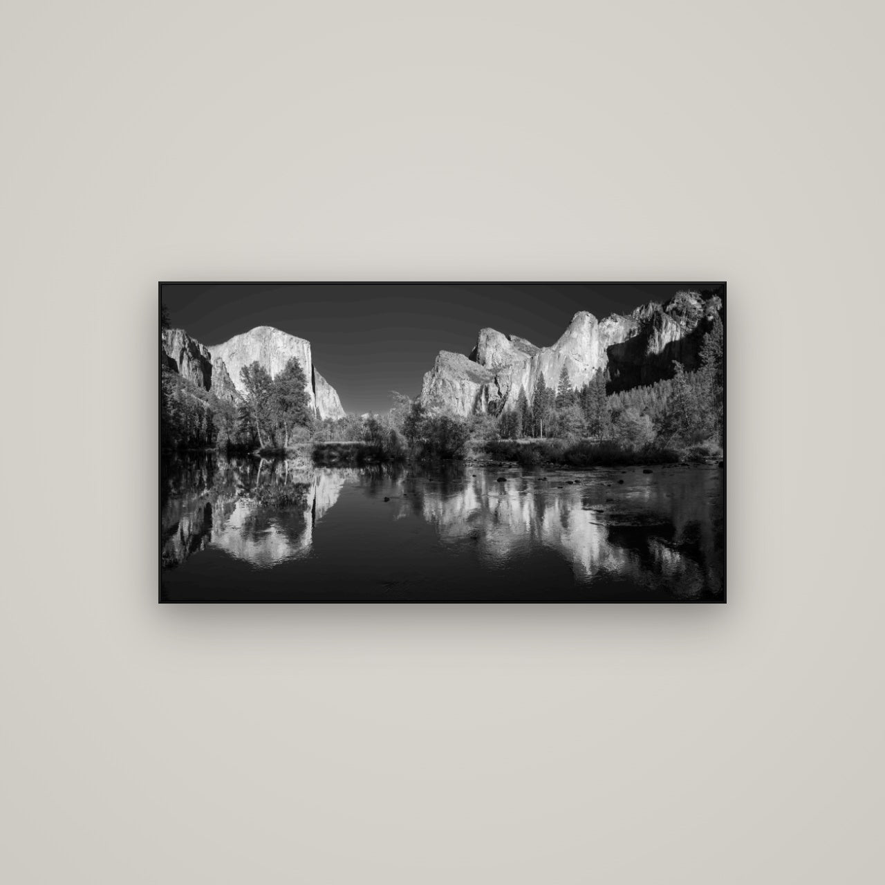 Yosemite Calm Reflection, Valley View — ArtBox Black, 107×60 cm. New Zealand fine art wall art by Stephen Milner.