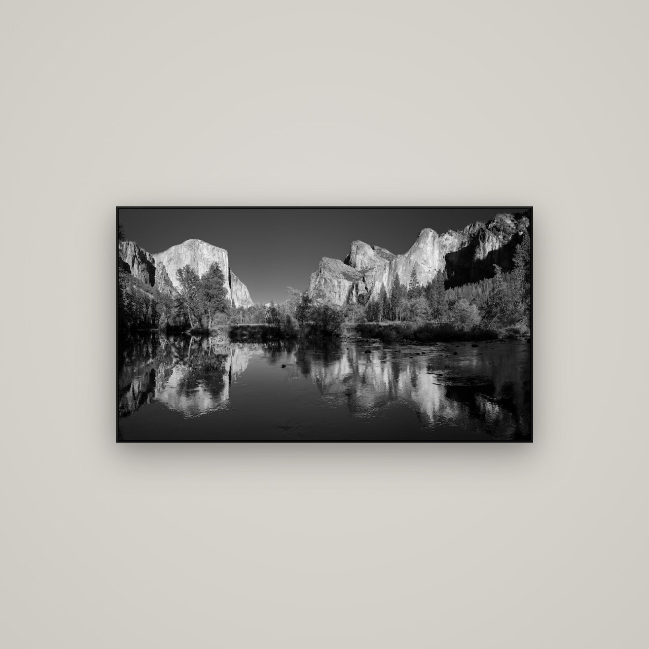 Yosemite Calm Reflection, Valley View — ArtBox Black, 107×60 cm. New Zealand fine art wall art by Stephen Milner.