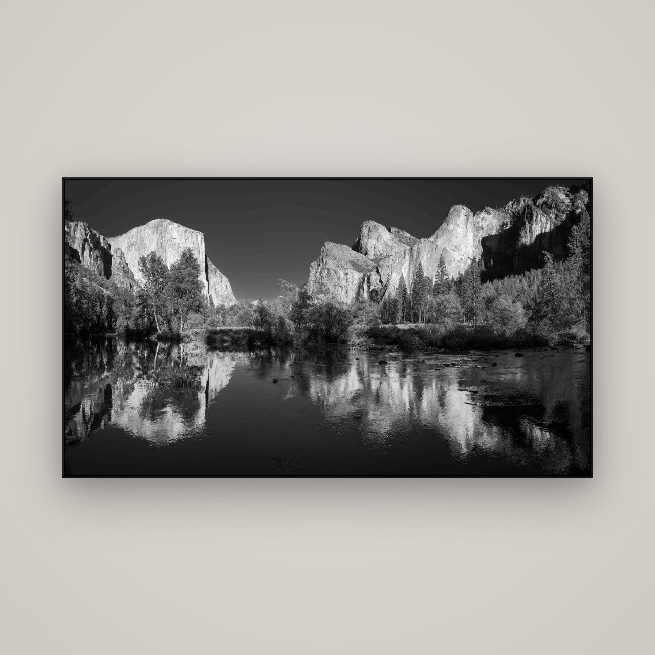 Yosemite Calm Reflection, Valley View — ArtBox Black, 160×90 cm. New Zealand fine art wall art by Stephen Milner.