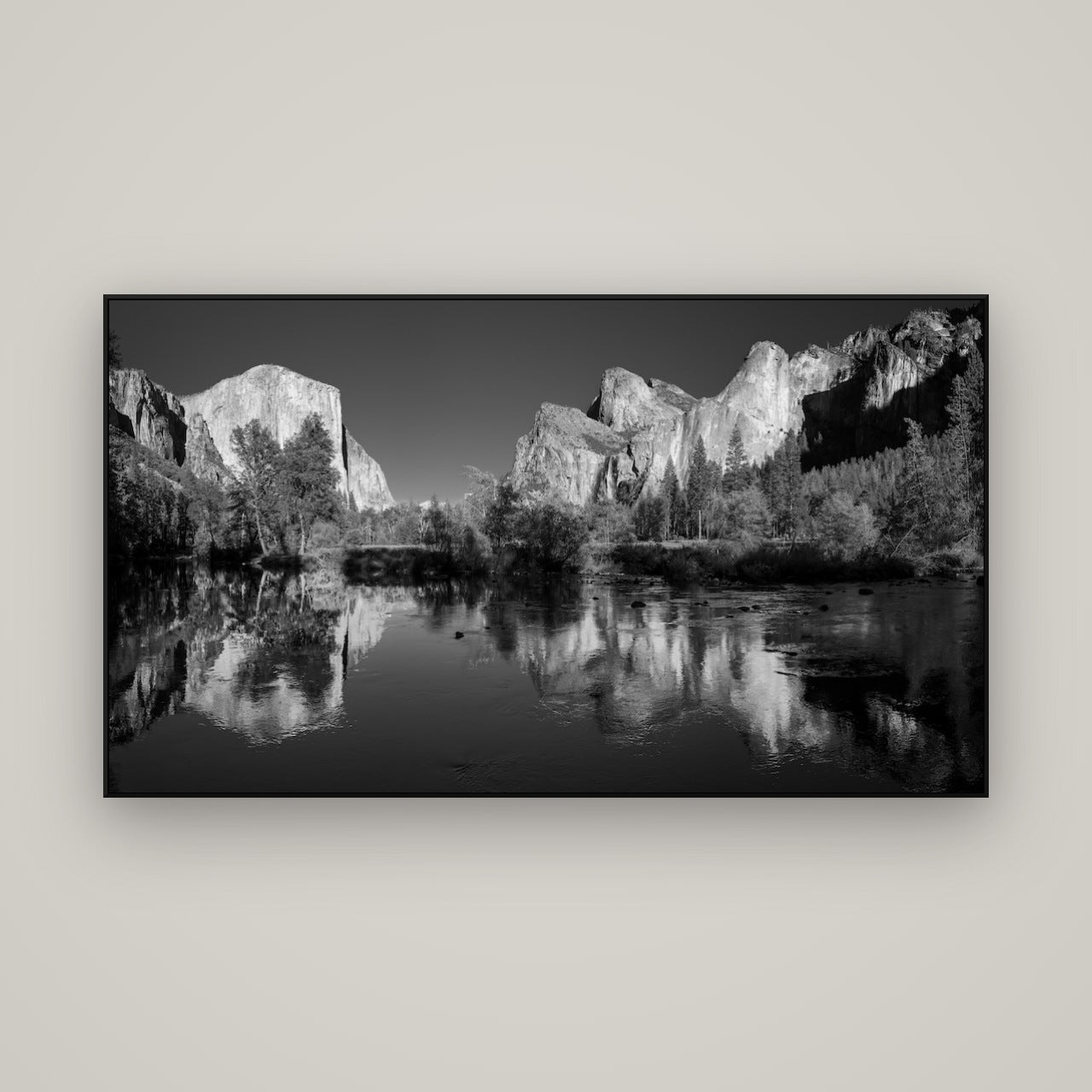 Yosemite Calm Reflection, Valley View — ArtBox Black, 160×90 cm. New Zealand fine art wall art by Stephen Milner.
