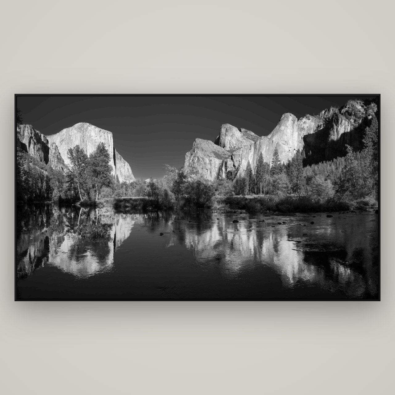 Yosemite Calm Reflection, Valley View — ArtBox Black, 196×110 cm. New Zealand fine art wall art by Stephen Milner.