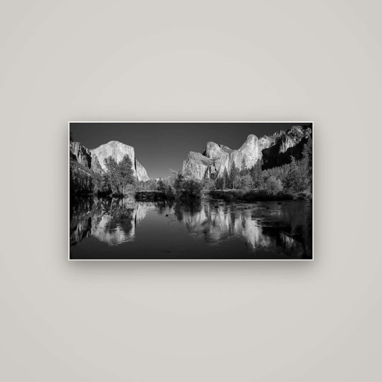 Yosemite Calm Reflection, Valley View — ArtBox White, 107×60 cm. New Zealand fine art wall art by Stephen Milner.