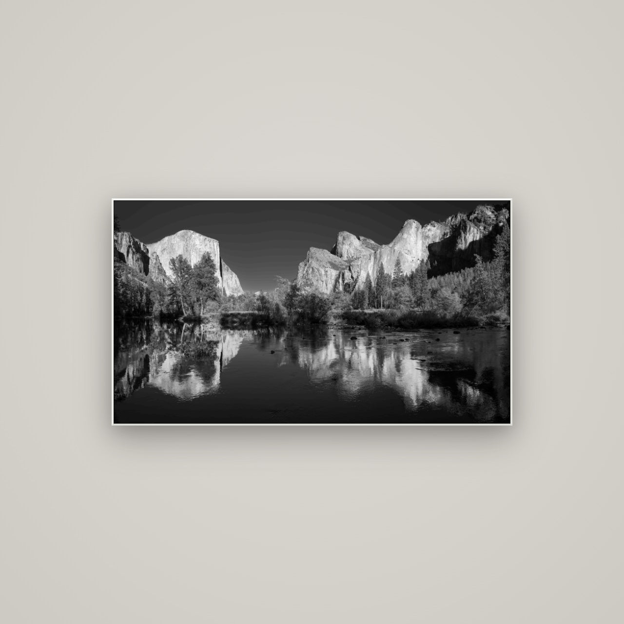 Yosemite Calm Reflection, Valley View — ArtBox White, 107×60 cm. New Zealand fine art wall art by Stephen Milner.