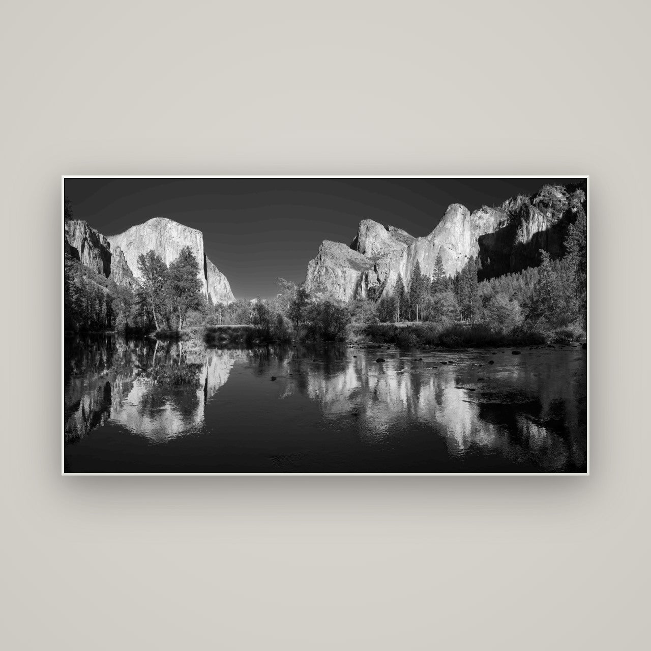 Yosemite Calm Reflection, Valley View — ArtBox White, 160×90 cm. New Zealand fine art wall art by Stephen Milner.