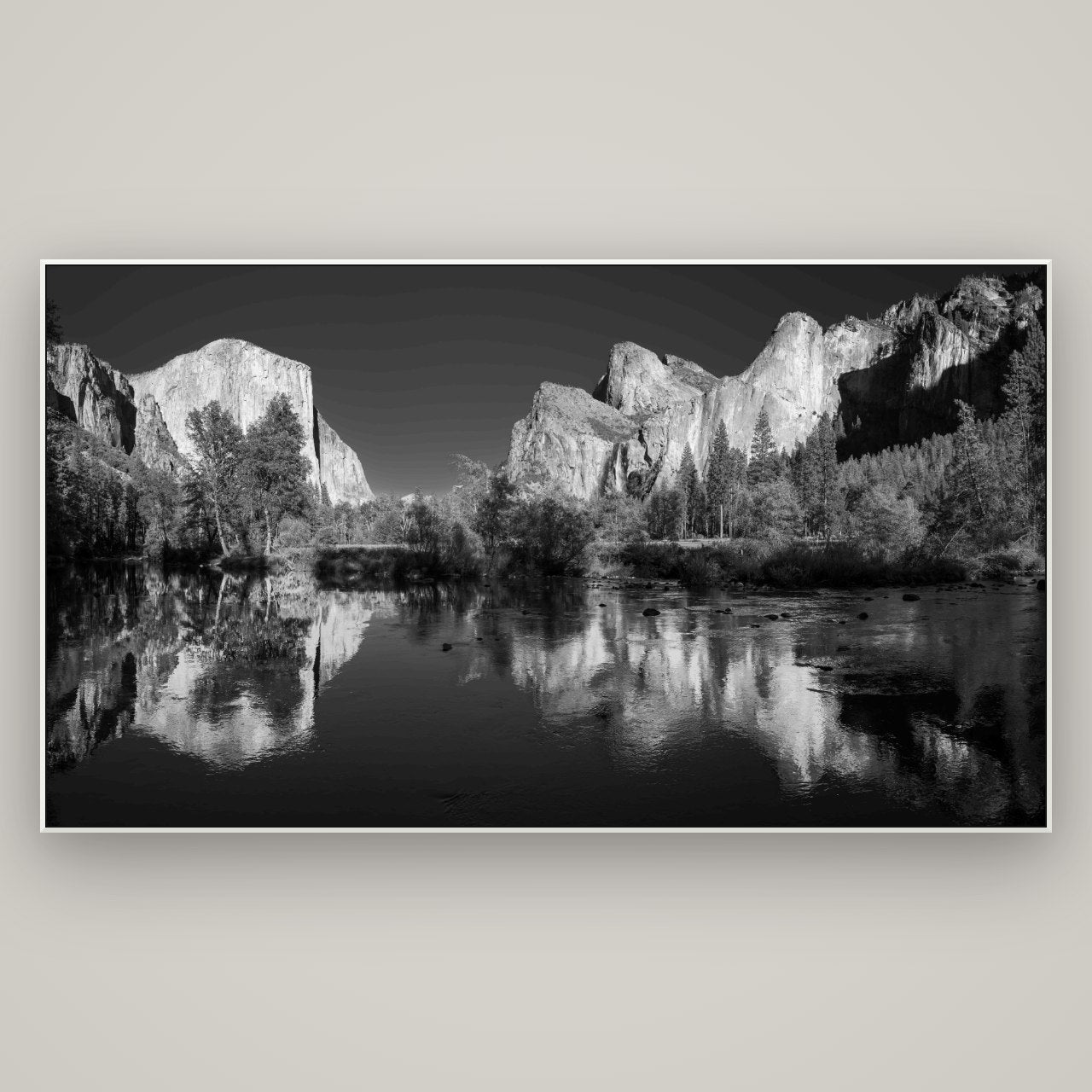 Yosemite Calm Reflection, Valley View — ArtBox White, 196×110 cm. New Zealand fine art wall art by Stephen Milner.