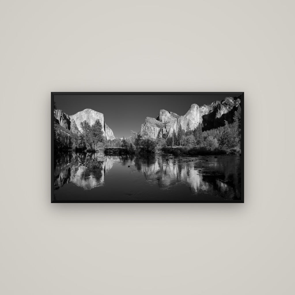 Yosemite Calm Reflection, Valley View — Basel Black Matte, 107×60 cm. New Zealand fine art wall art by Stephen Milner.