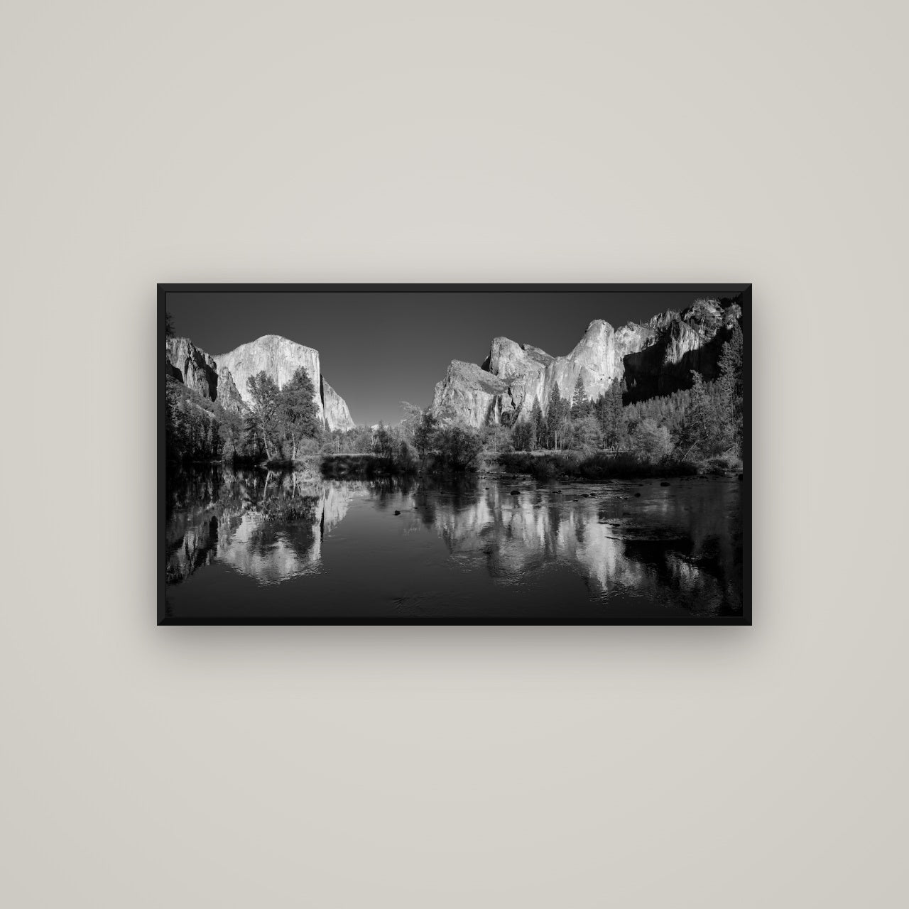 Yosemite Calm Reflection, Valley View — Basel Black, 107×60 cm. New Zealand fine art wall art by Stephen Milner.