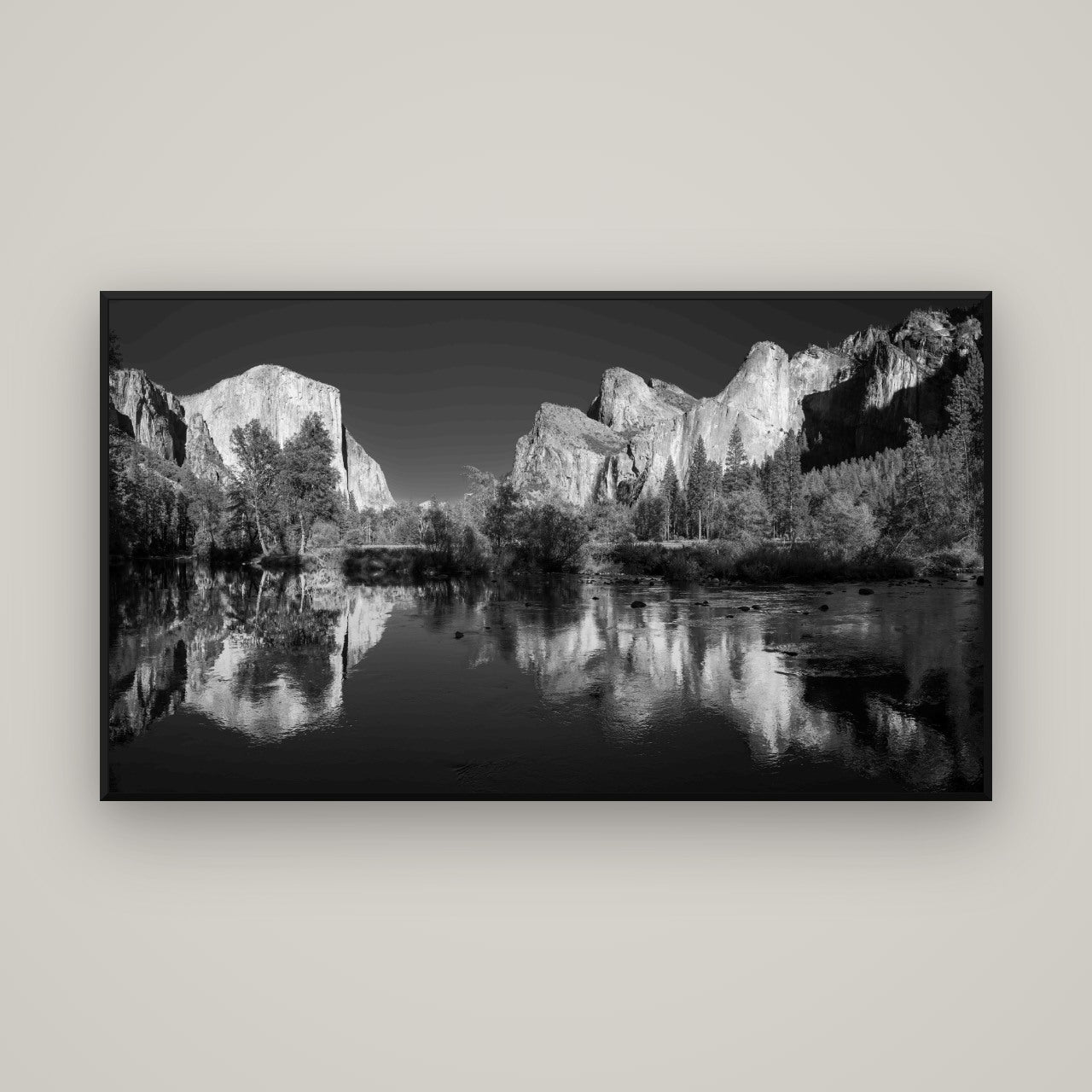 Yosemite Calm Reflection, Valley View — Basel Black, 160×90 cm. New Zealand fine art wall art by Stephen Milner.