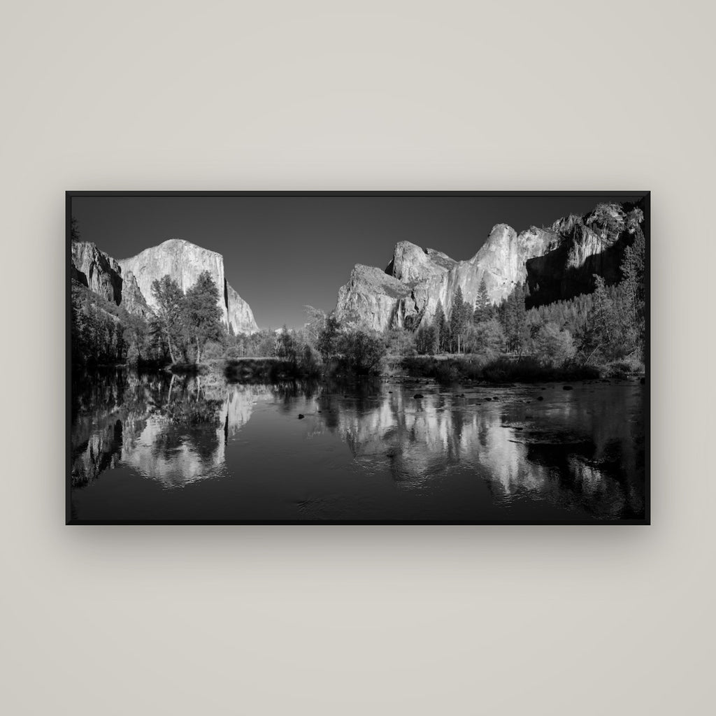 Yosemite Calm Reflection, Valley View — Basel Black Matte, 160×90 cm. New Zealand fine art wall art by Stephen Milner.